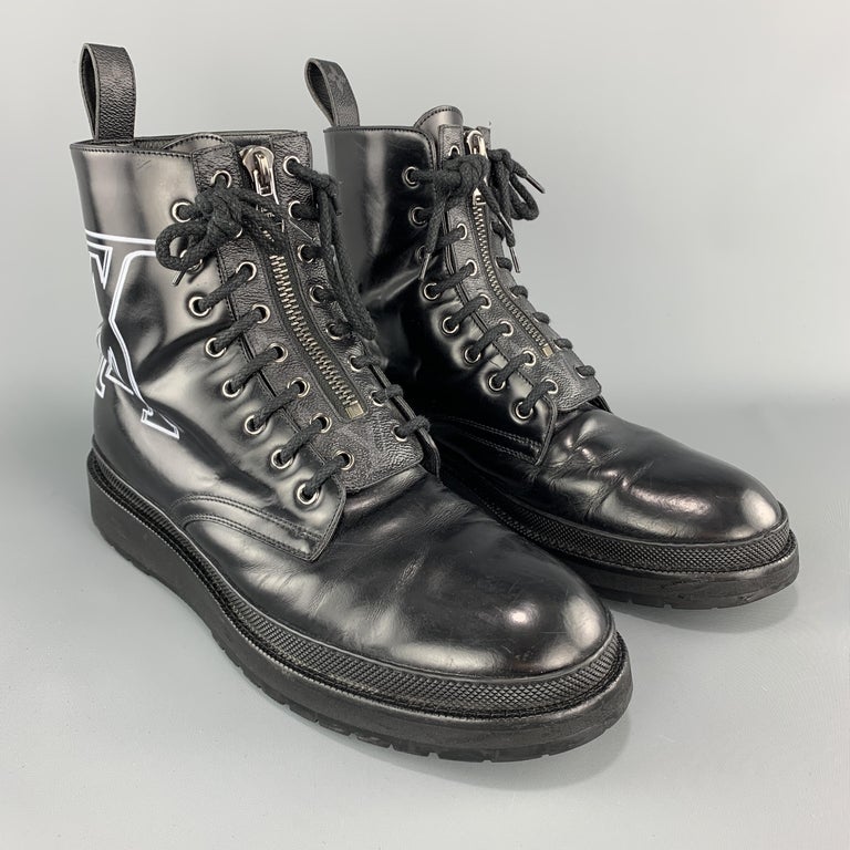 LOUIS VUITTON Size 10.5 Black Monogram Logo Leather Combat Boots at 1stDibs