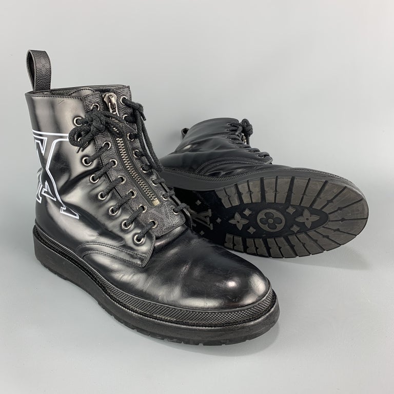 LOUIS VUITTON Size 10.5 Black Monogram Logo Leather Combat Boots at 1stDibs