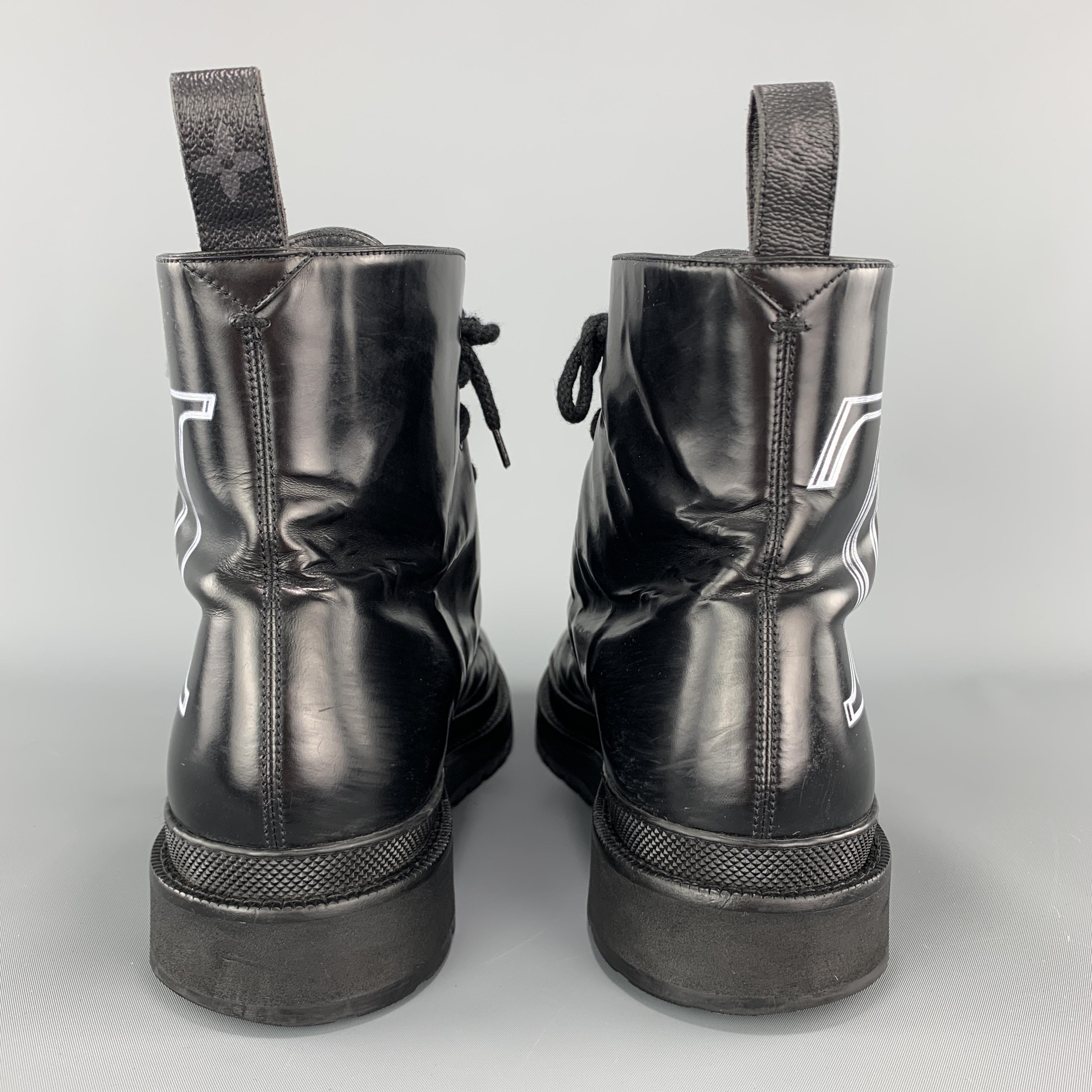 LOUIS VUITTON Size 10.5 Black Monogram Logo Leather Combat Boots In Good Condition In San Francisco, CA