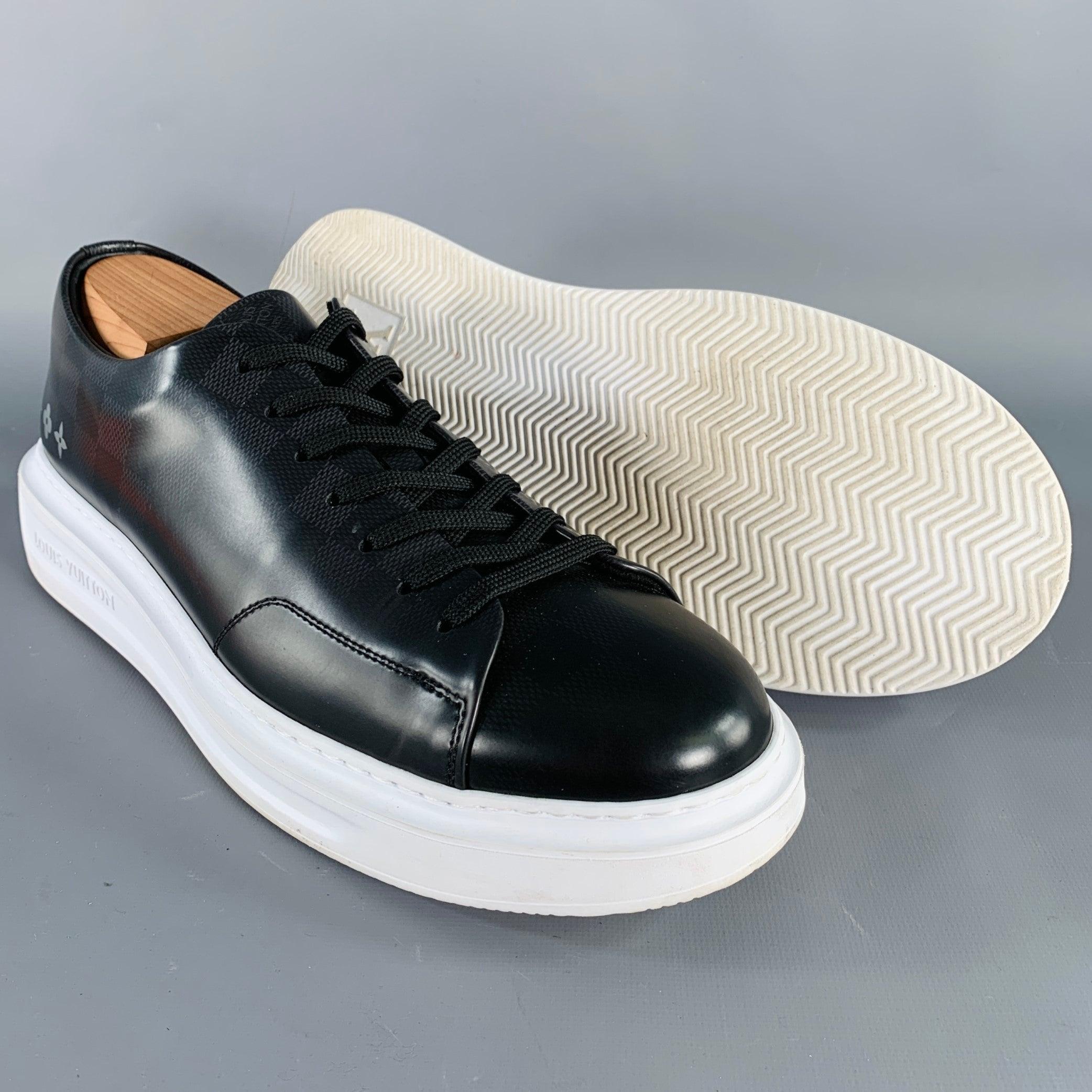  LOUIS VUITTON Taille 10.5 Black White Checkered Leather Rubber Sole Sneakers Pour hommes 