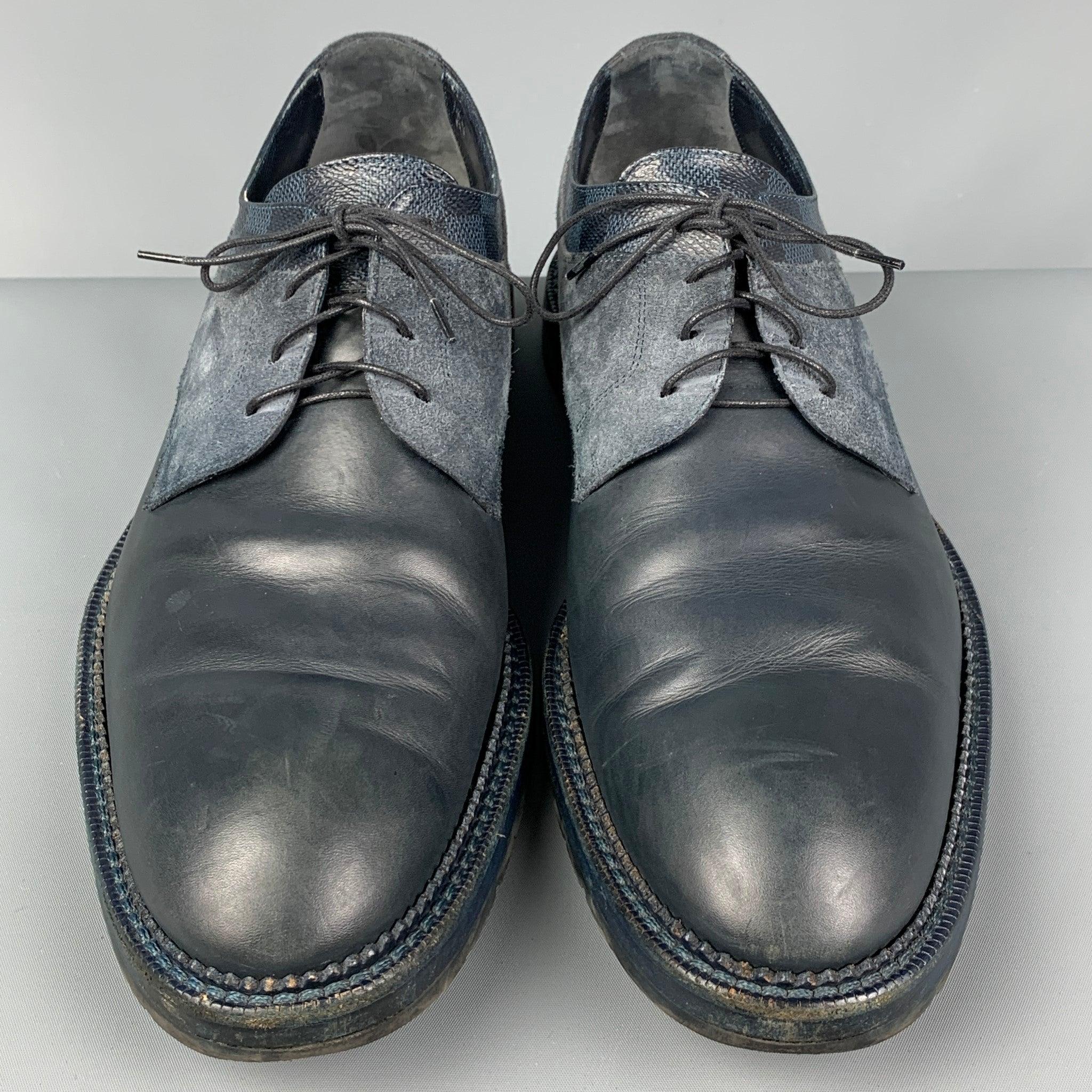 Men's LOUIS VUITTON Size 10.5 Navy Blue Damier Leather Lace Up Shoes