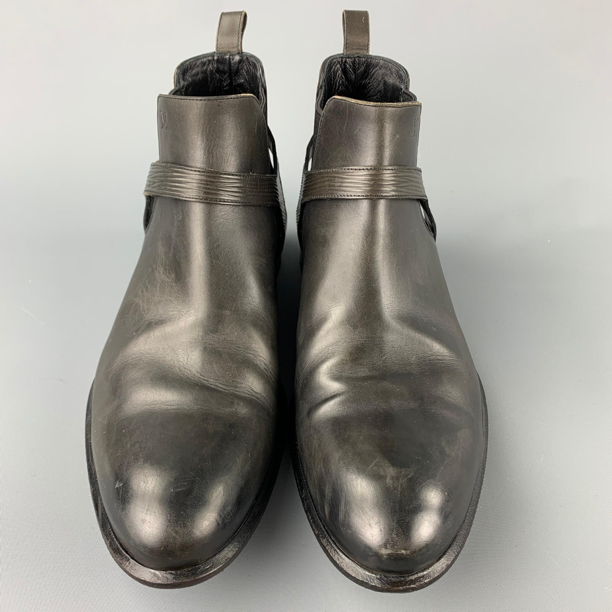 LOUIS VUITTON Size 12 Slate Antique Leather Harness Boots In Good Condition In San Francisco, CA