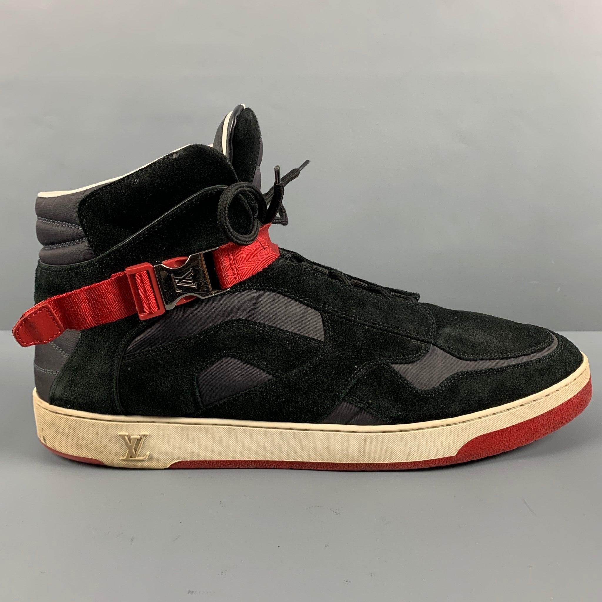 LOUIS VUITTON sneakers
in a black nylon and suede featuring red trim details, high top style, and rubber sole. Made in Italy.Very Good Pre-Owned Condition. Moderate signs of wear, as is. 

Marked:   GO 0183 12Outsole: 12.5 inches  x 4.25 in
  
 