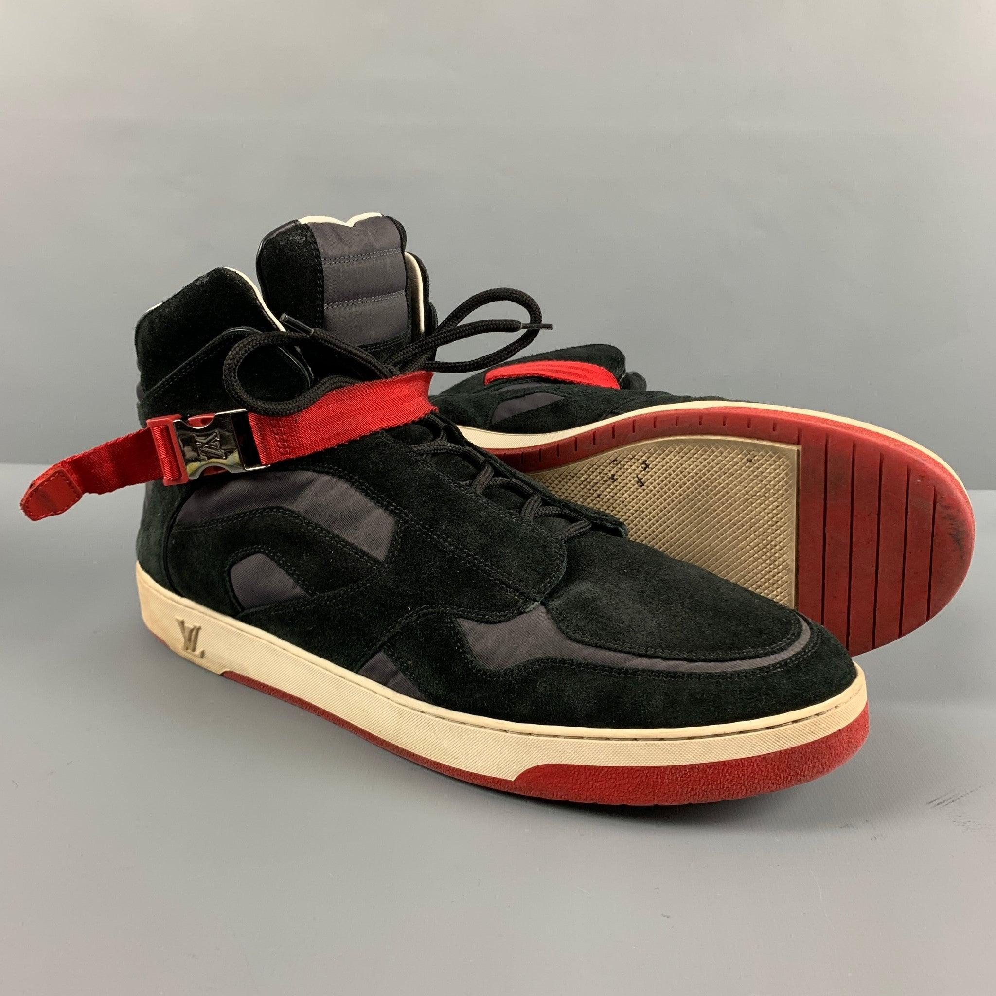 LOUIS VUITTON Size 13 Black Red  Nylon Suede High Top Sneakers For Sale 1