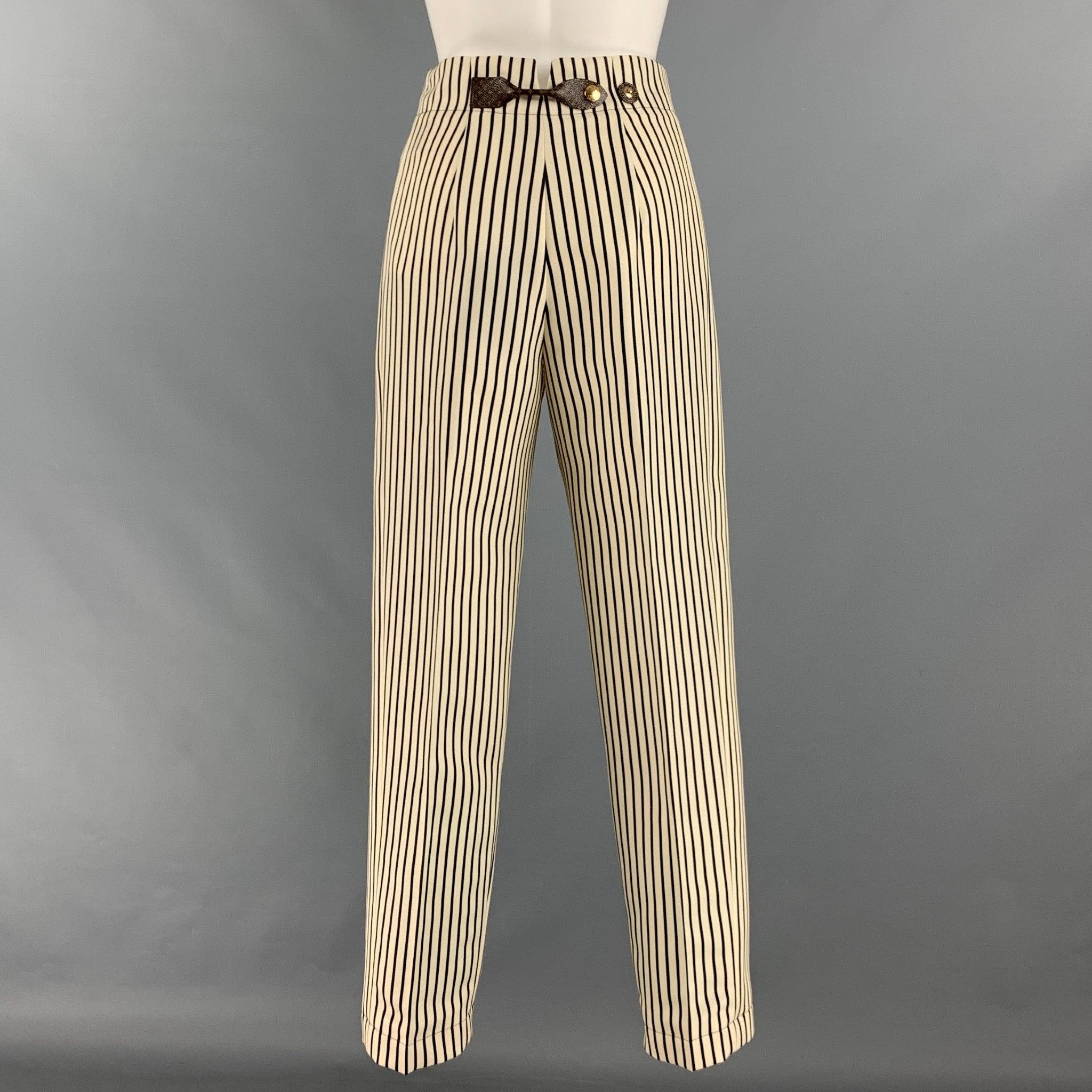 LOUIS VUITTON Taille 2 Pantalon habillé à rayures en polyester crème et noir à taille haute Pour femmes en vente