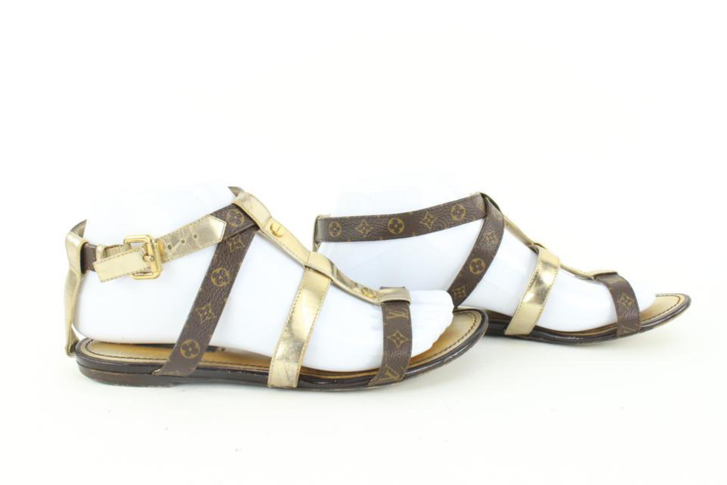 Women's Louis Vuitton Size 36 Gold Leatherx Monogram Be Happy Flat Gladiator Sandals1224 For Sale