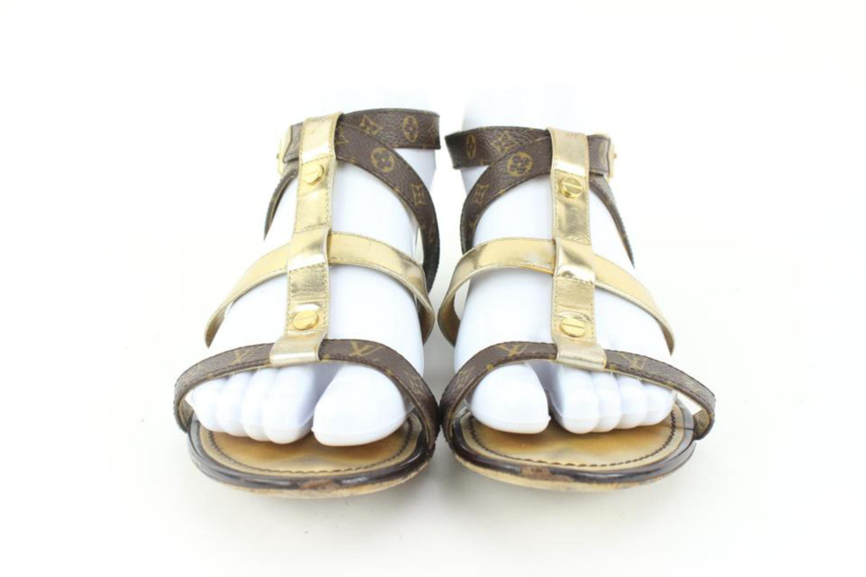 Louis Vuitton Size 36 Gold Leatherx Monogram Be Happy Flat Gladiator Sandals1224 For Sale 1