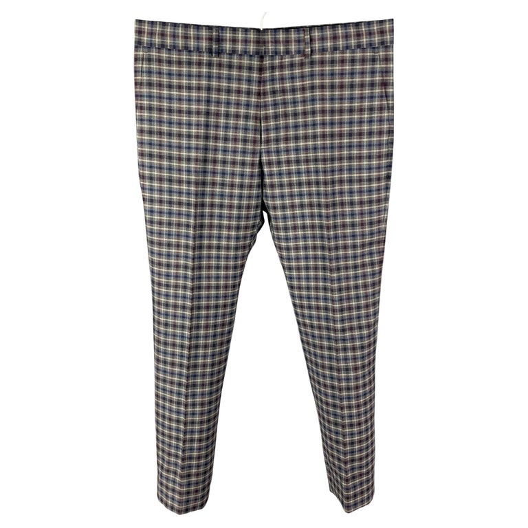 LOUIS VUITTON Size 36 Navy Grey Plaid Wool Zip Fly Dress Pants For Sale