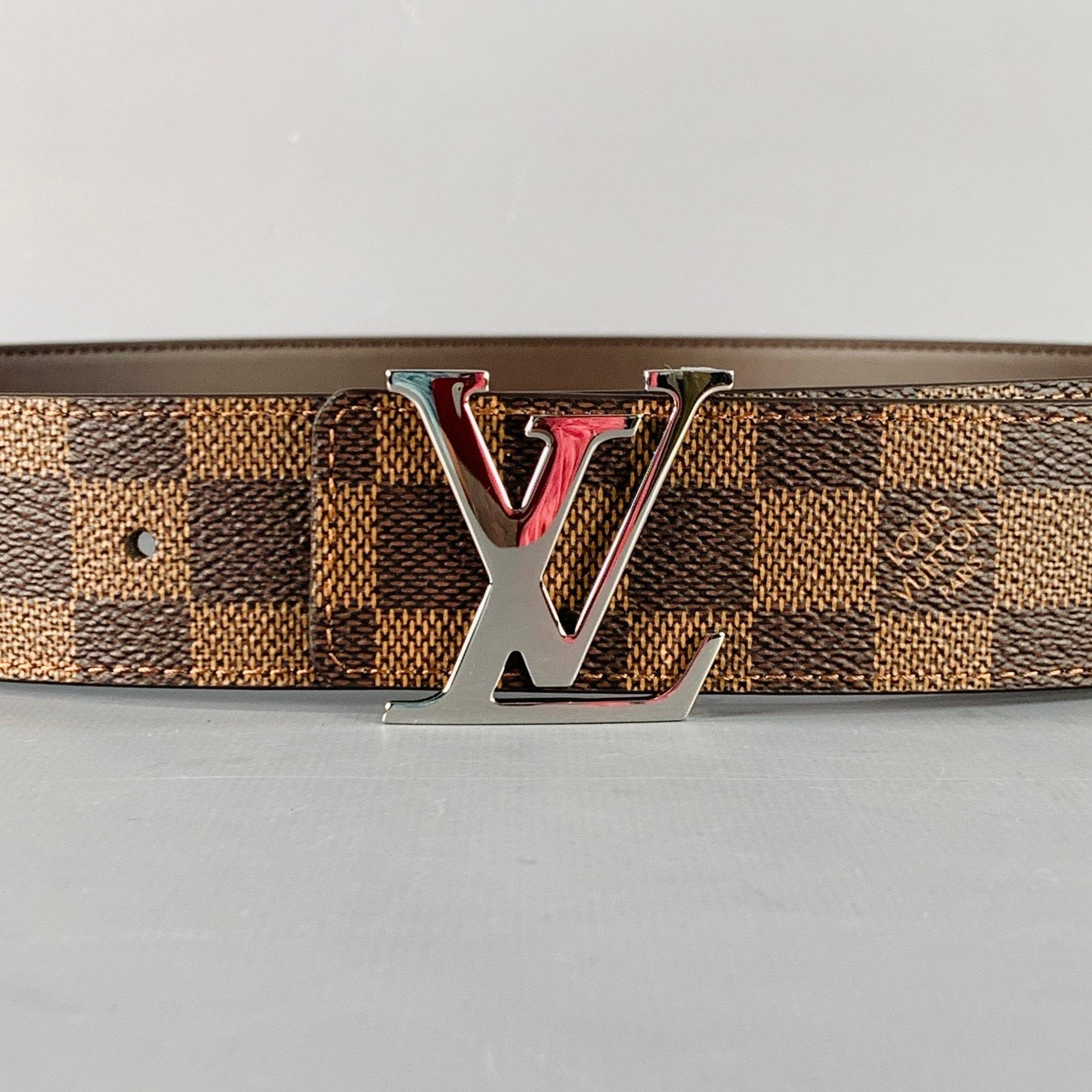 LOUIS VUITTON  Size 38 LV Initiales Brown Beige Checkered Coated Canvas Belt In Good Condition For Sale In San Francisco, CA