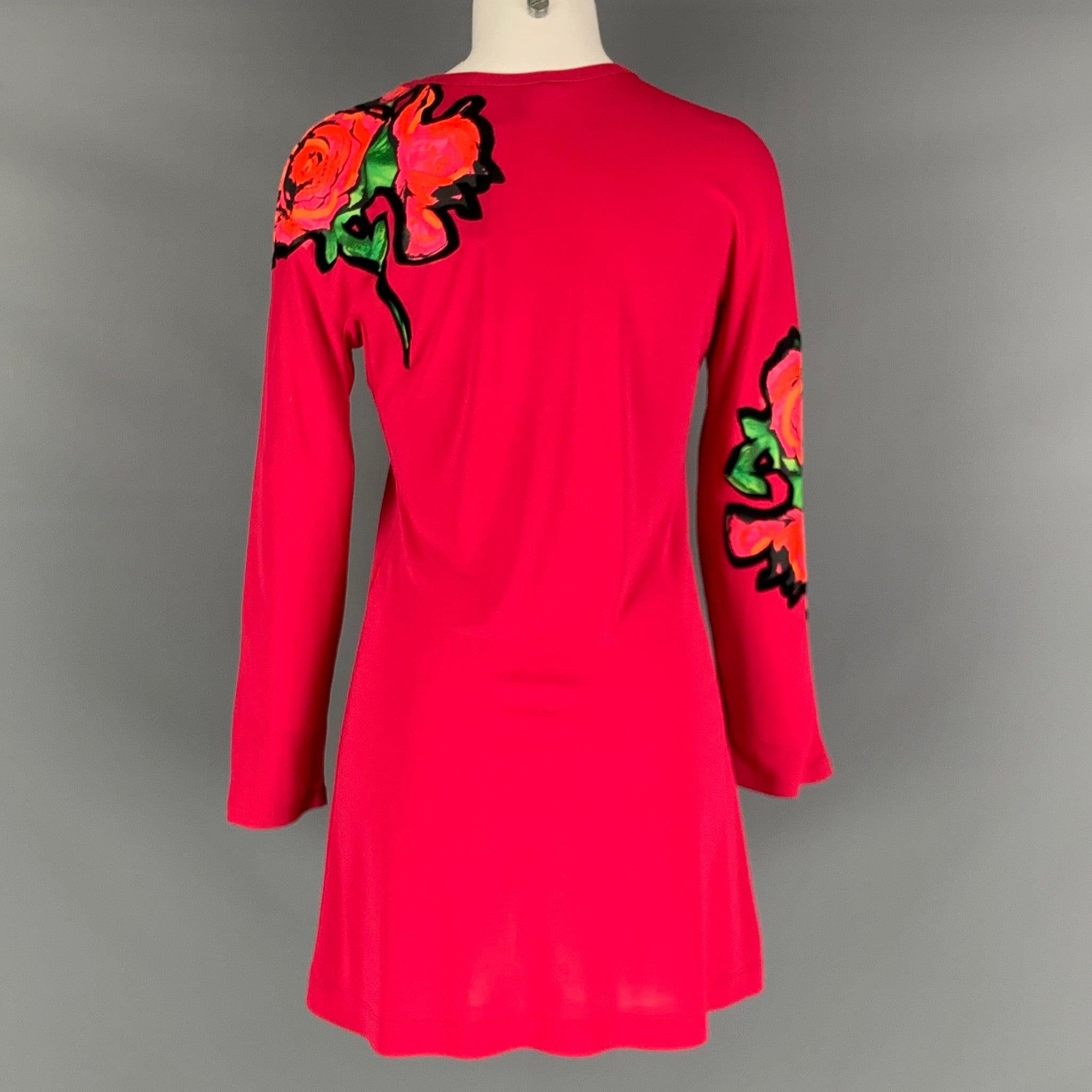 LOUIS VUITTON Größe 4 Rotes mehrfarbiges Viskosekleid mit langen Ärmeln und Blumen im Zustand „Gut“ im Angebot in San Francisco, CA