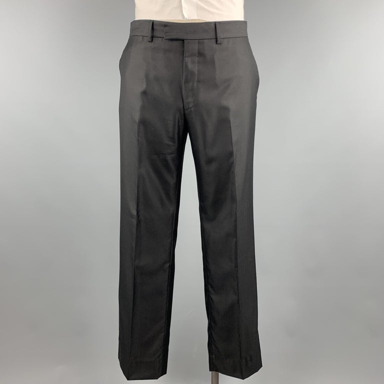 LOUIS VUITTON Size 40 Black Striped Wool / Silk Notch Lapel Suit at 1stdibs