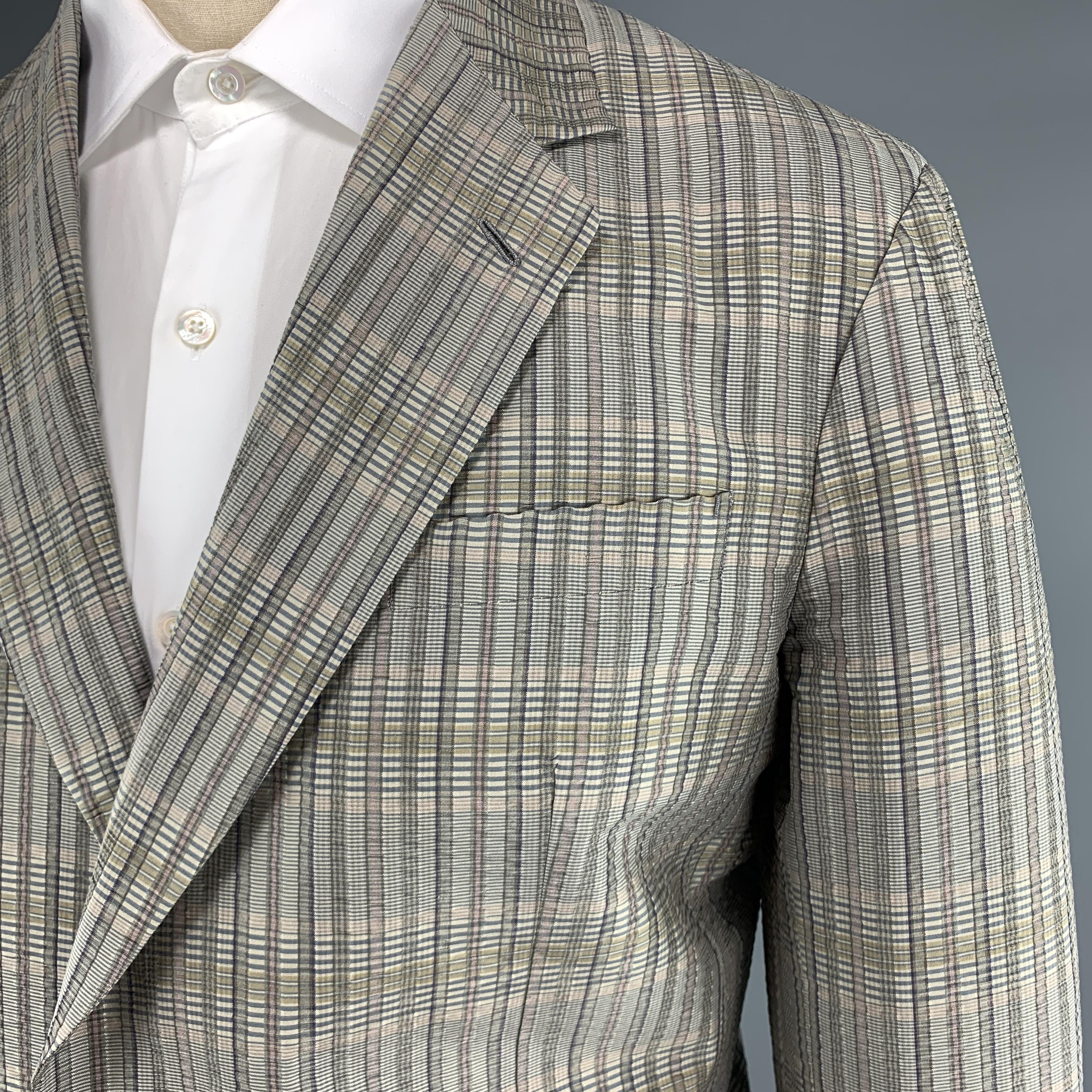 Brown LOUIS VUITTON Size 40 Muted Plaid Silver Textured Silk Notch Lapel Suit