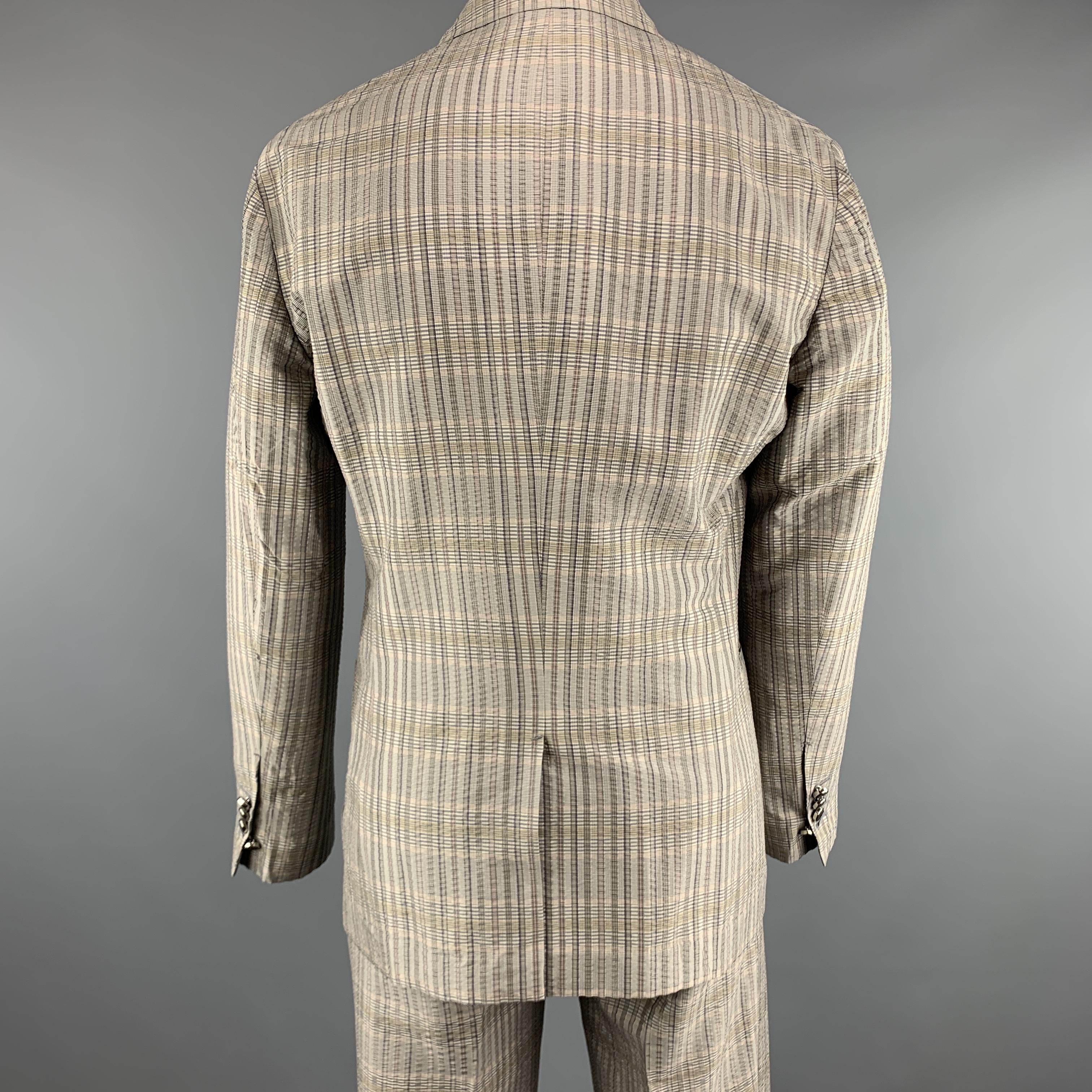 Men's LOUIS VUITTON Size 40 Muted Plaid Silver Textured Silk Notch Lapel Suit