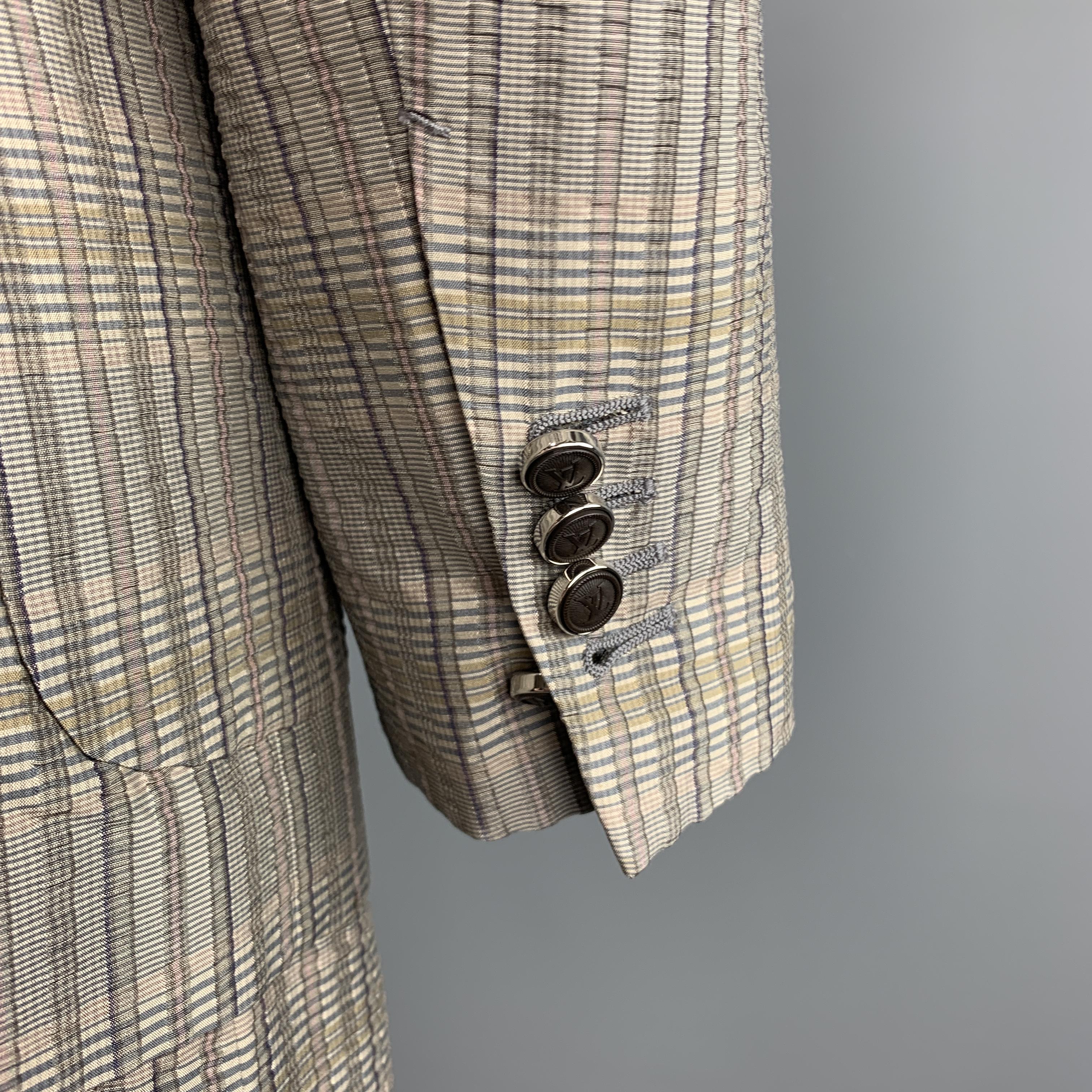 LOUIS VUITTON Size 40 Muted Plaid Silver Textured Silk Notch Lapel Suit 1