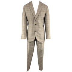 LOUIS VUITTON Size 40 Muted Plaid Silver Textured Silk Notch Lapel Suit