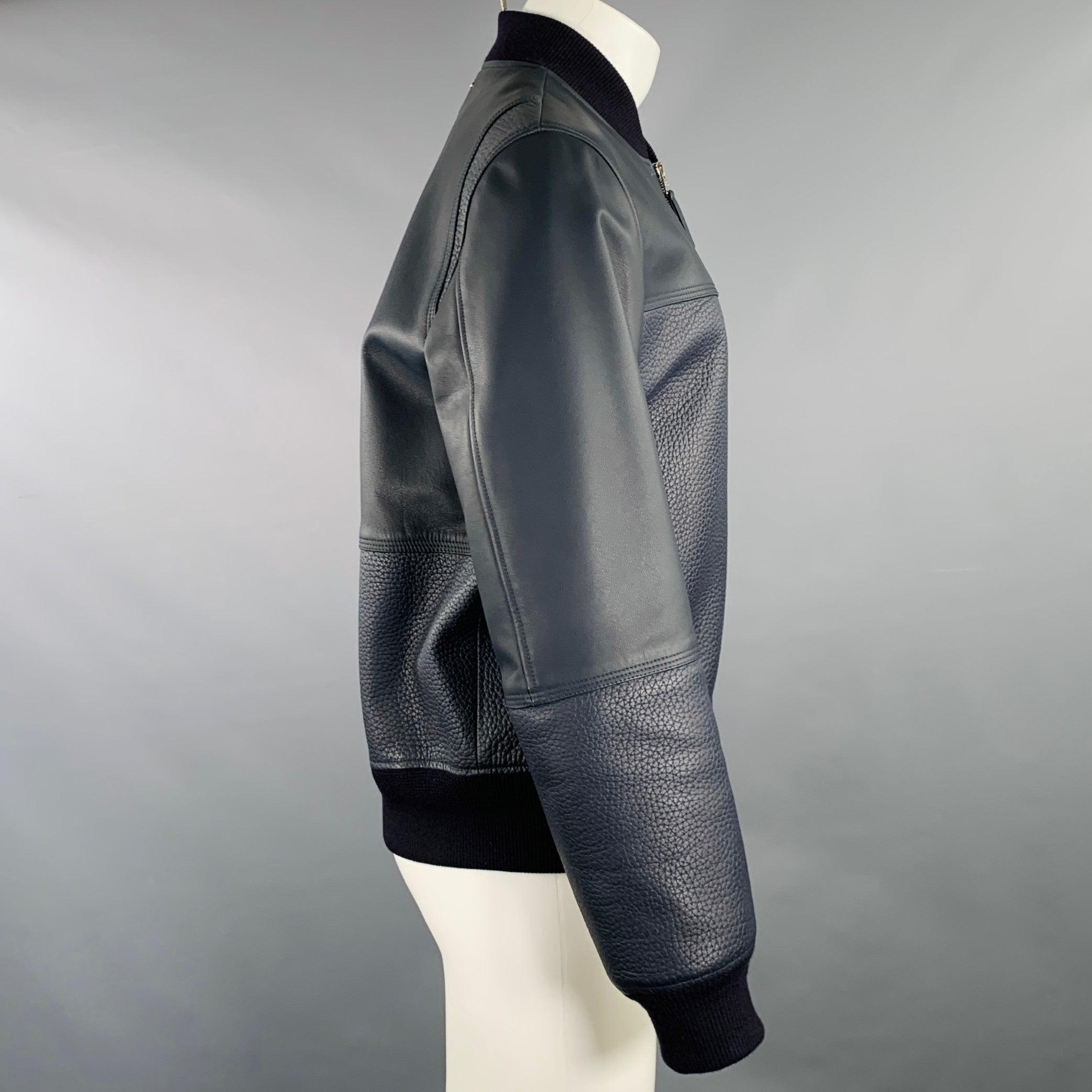 LOUIS VUITTON Size 40 Navy Textured Bull Leather Zip Up Blouson Jacket In Excellent Condition In San Francisco, CA