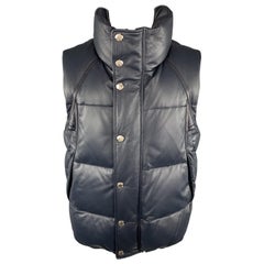 LOUIS VUITTON Size 40 Quilted Navy Down Filled Leather Zip & Snaps Puff Vest