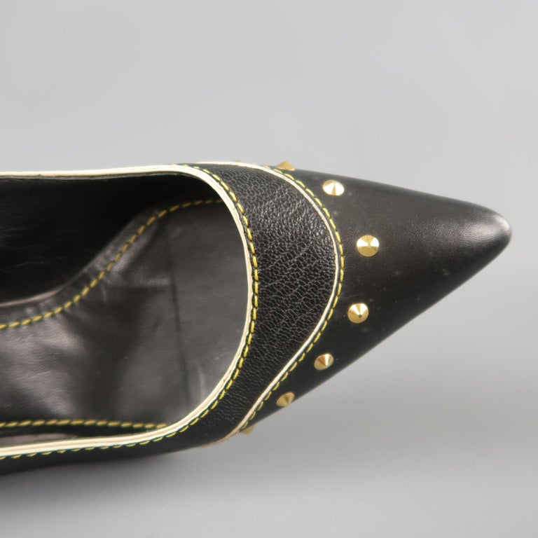 LOUIS VUITTON Size 6 Black Leather Contrast Stitch Spiked Slingback Pumps For Sale at 1stdibs