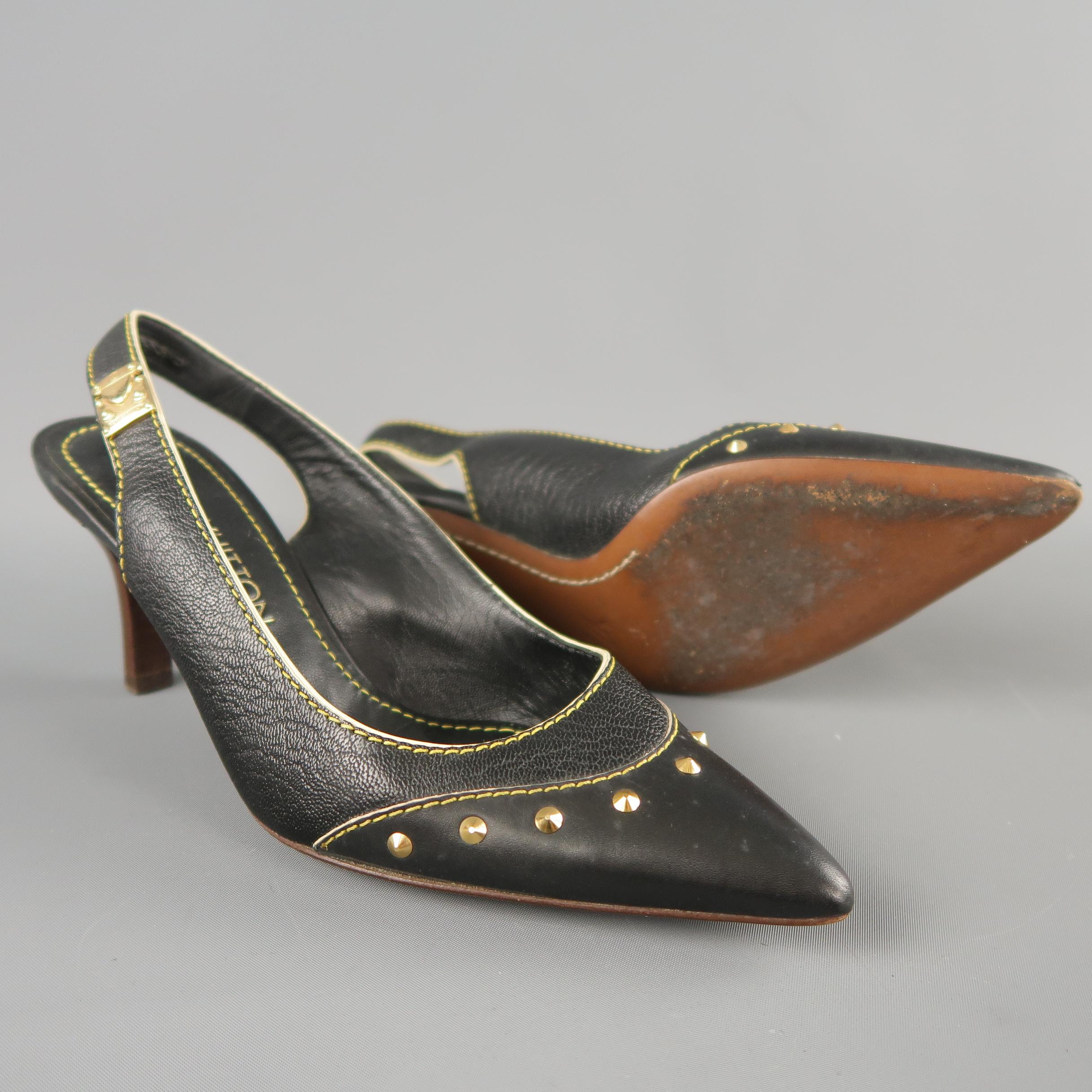 LOUIS VUITTON Size 6 Black Leather Contrast Stitch Spiked Slingback Pumps In Good Condition In San Francisco, CA
