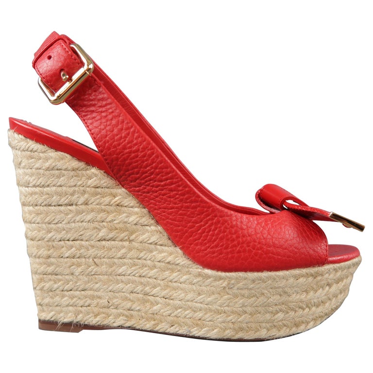 LOUIS VUITTON Size 6 Red Leather Bow Peep Toe Platform Espadrille Wedge ...