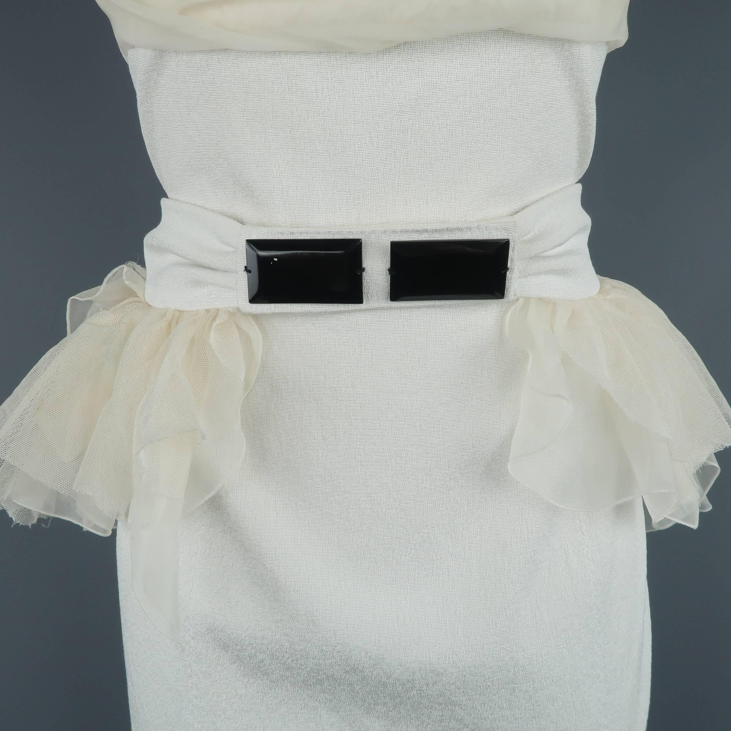 Gray Louis Vuitton White and Beige Ruched Bust Ruffled Belt Cocktail Dress