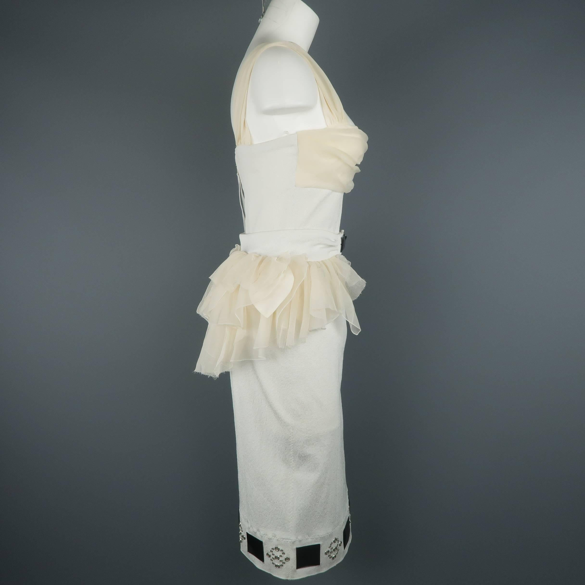 Louis Vuitton White and Beige Ruched Bust Ruffled Belt Cocktail Dress 1