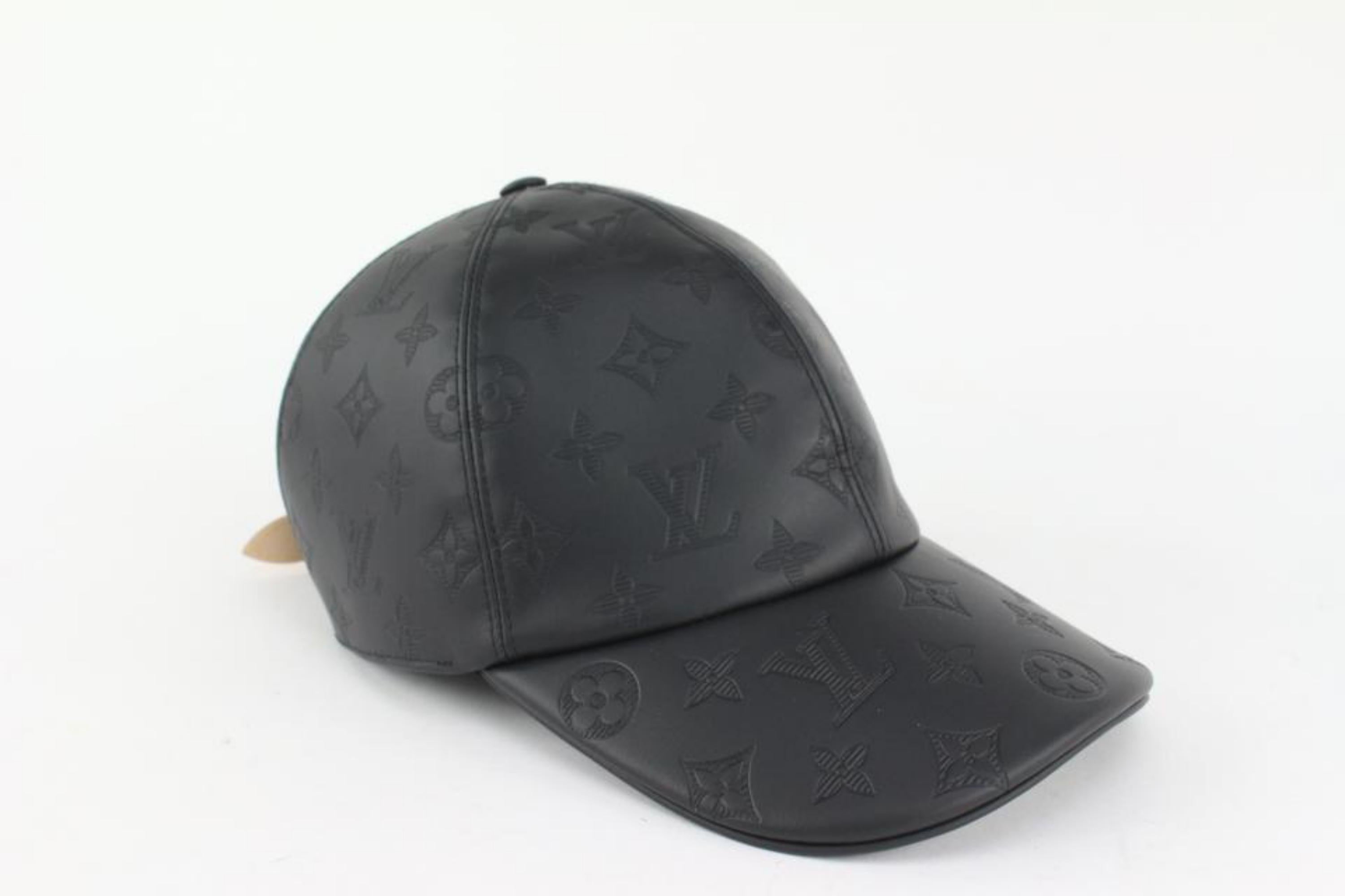 Louis Vuitton Size 60 Black Leather Monogram Shadow Cap Baseball Hat 123lv19 For Sale 1