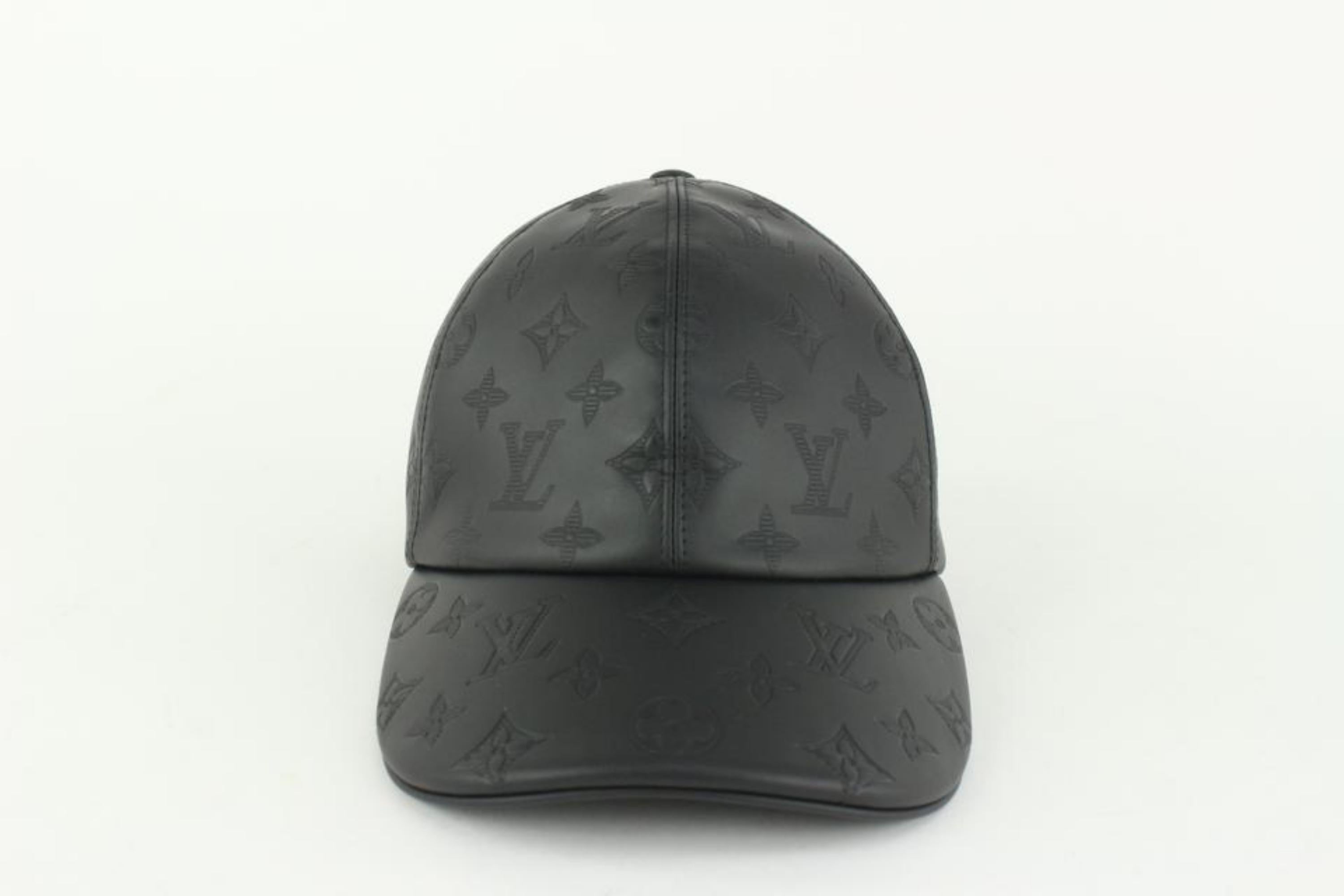 Women's or Men's Louis Vuitton Size 60 Black Leather Monogram Shadow Cap Baseball Hat 123lv19 For Sale