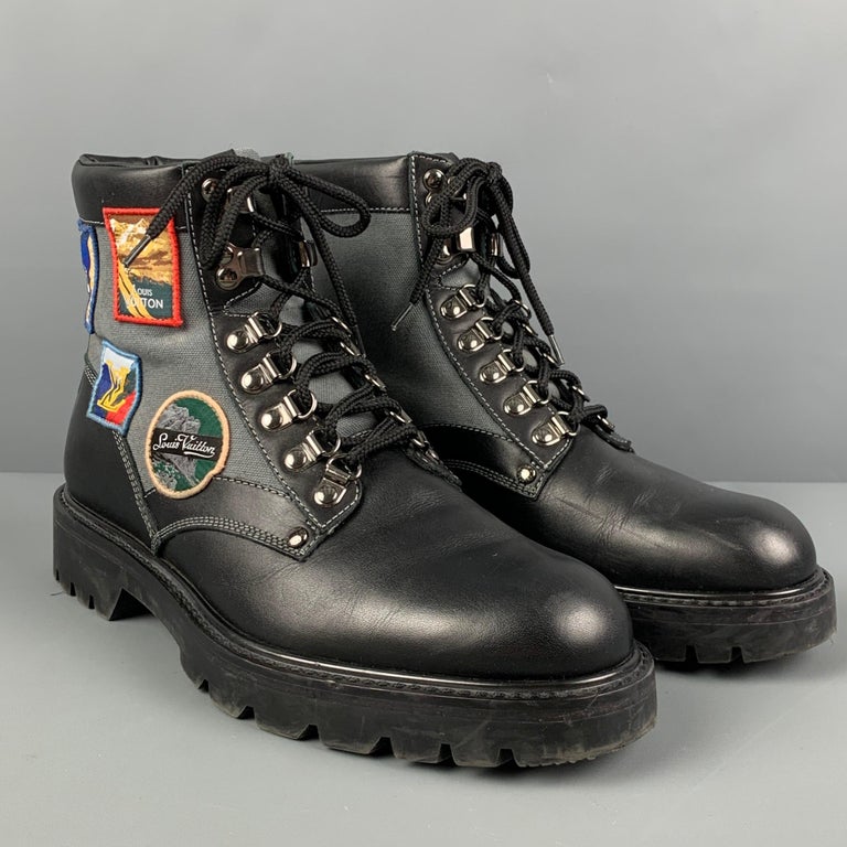 LOUIS VUITTON Size 6.5 Black Patches Leather Metropolis Ranger Boots ...
