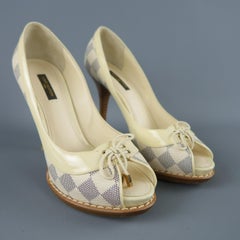 LOUIS VUITTON Size 6.5 Cream Damier & Patent Leather Peep Toe Pumps