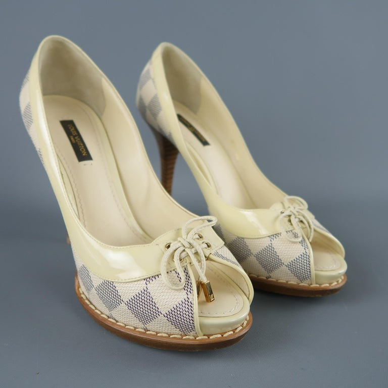 LOUIS VUITTON Size 6.5 Cream Damier and Patent Leather Peep Toe Pumps