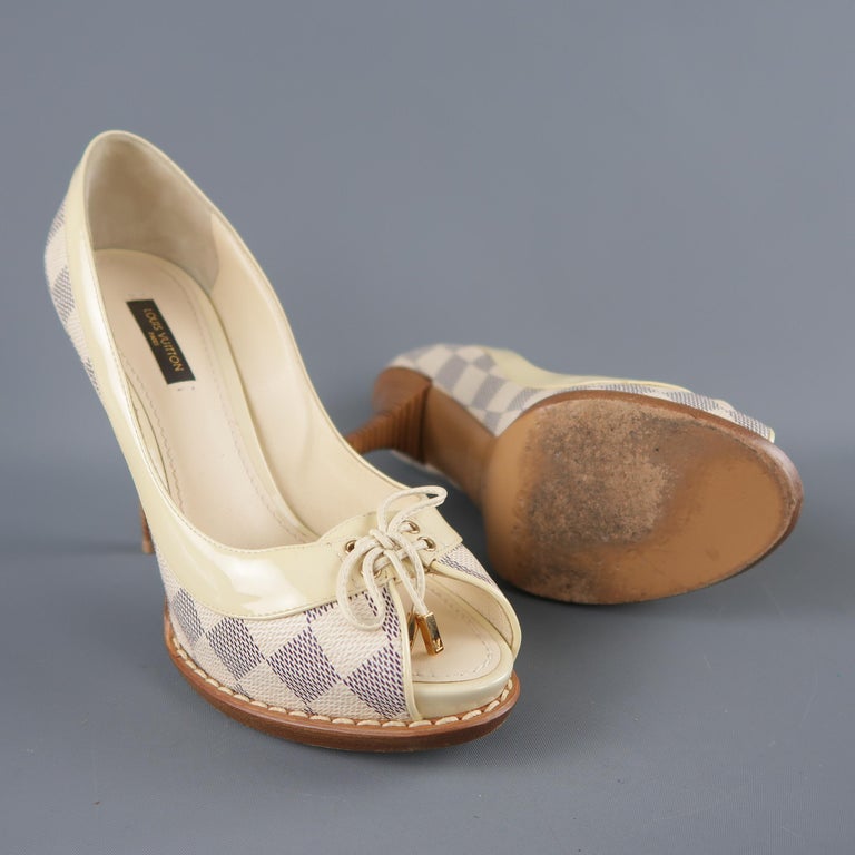 LOUIS VUITTON Size 6.5 Cream Damier and Patent Leather Peep Toe Pumps