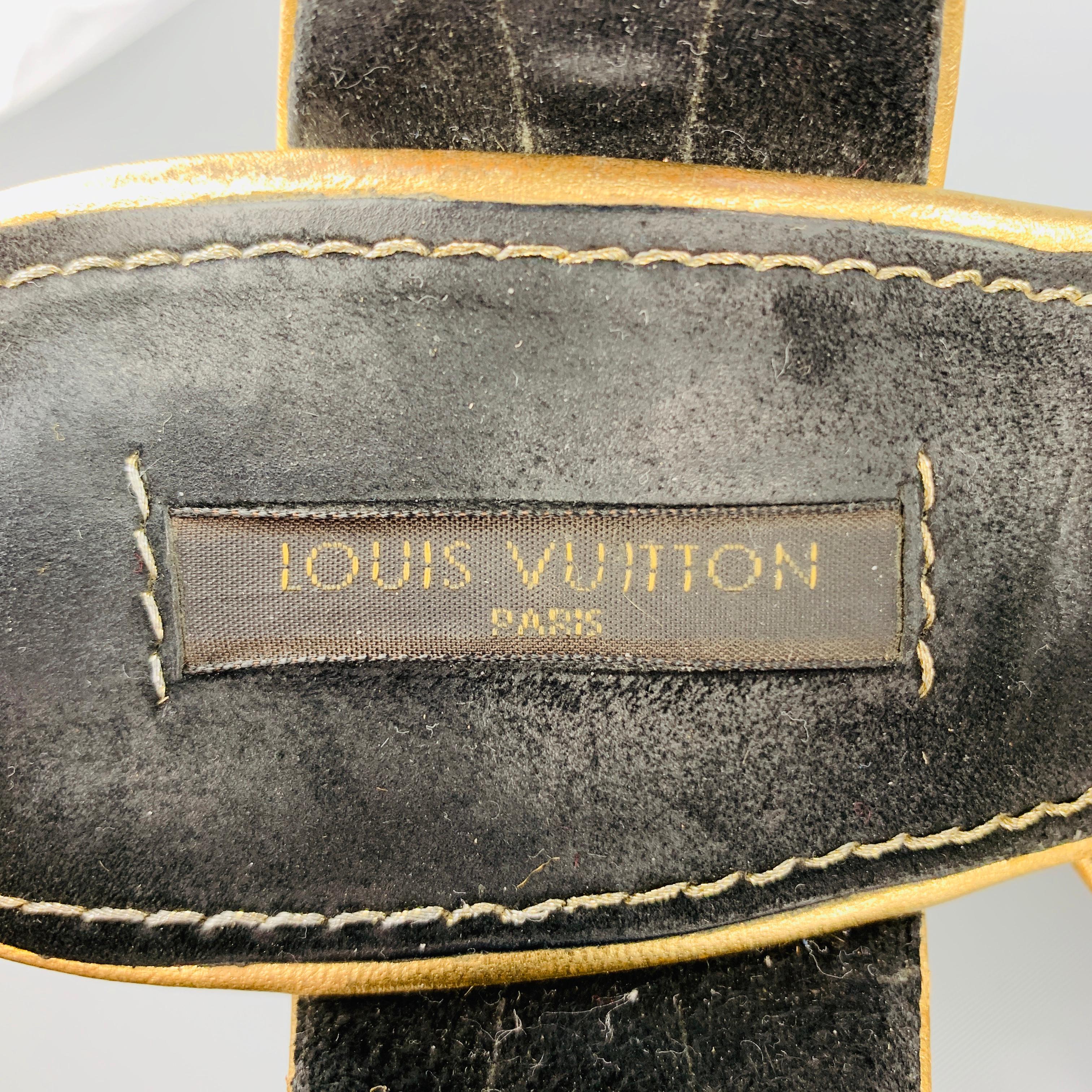 LOUIS VUITTON Size 7 Black & Gold Suede Faux Tort Wedge Platform Sandals 4