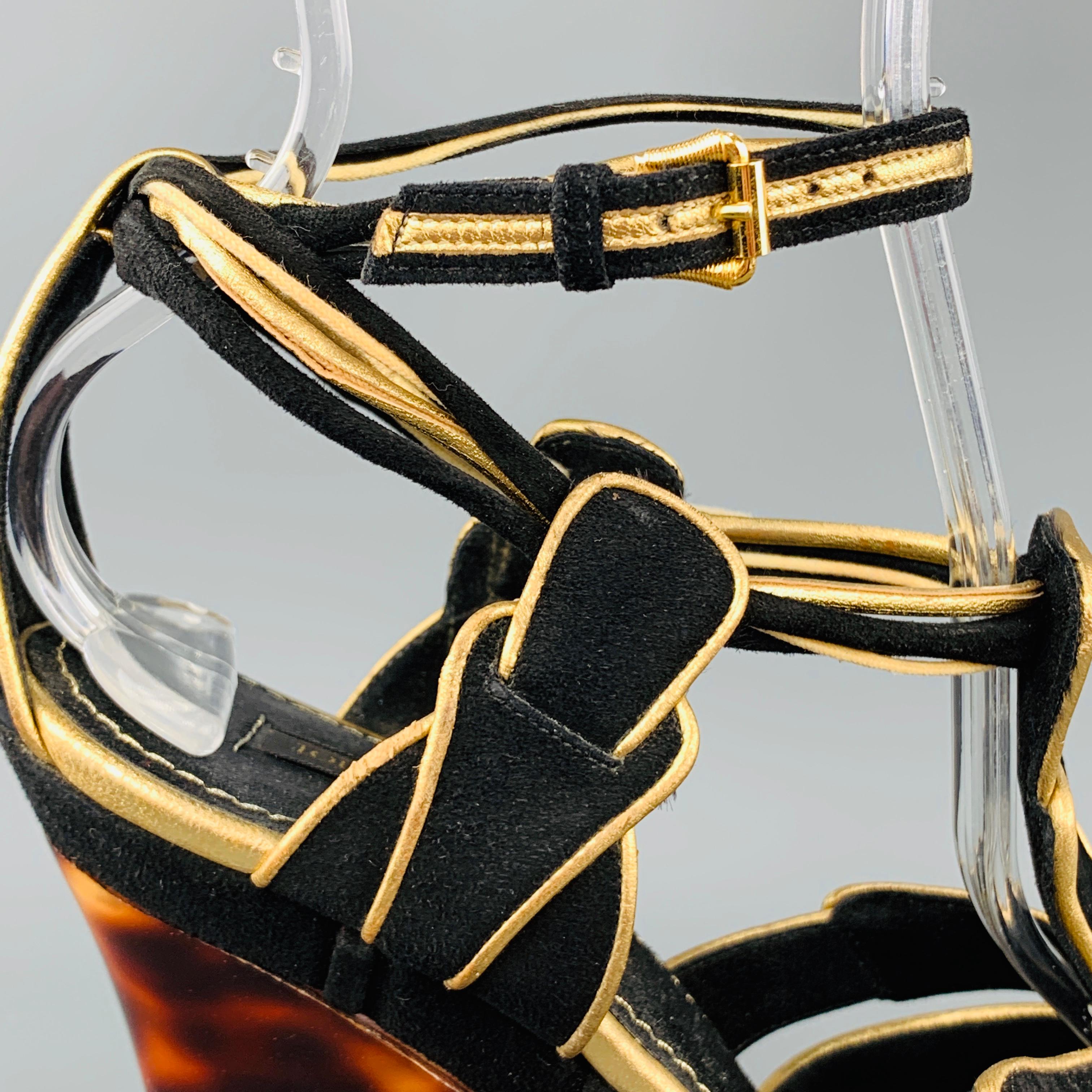 LOUIS VUITTON Size 7 Black & Gold Suede Faux Tort Wedge Platform Sandals In Good Condition In San Francisco, CA