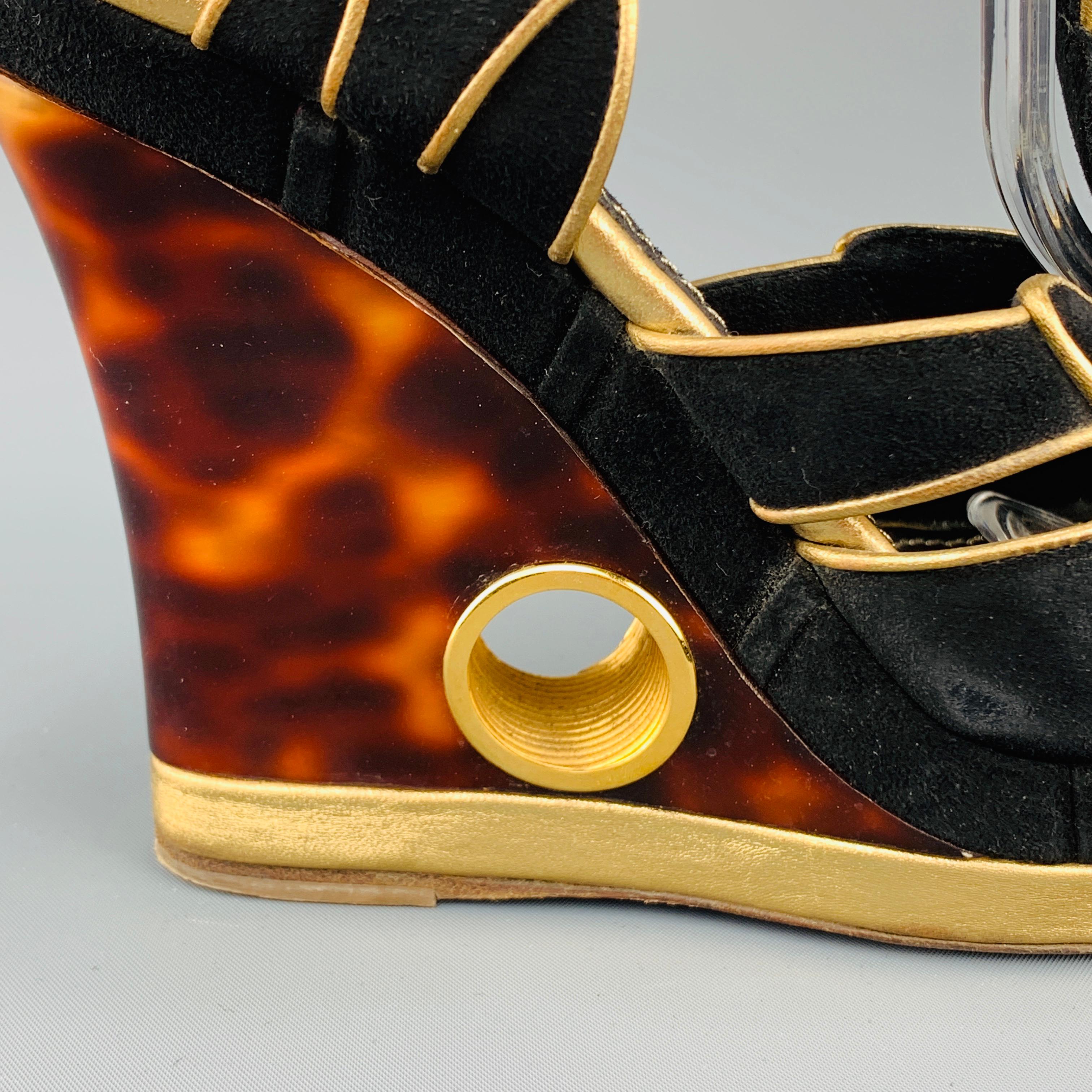 Women's LOUIS VUITTON Size 7 Black & Gold Suede Faux Tort Wedge Platform Sandals