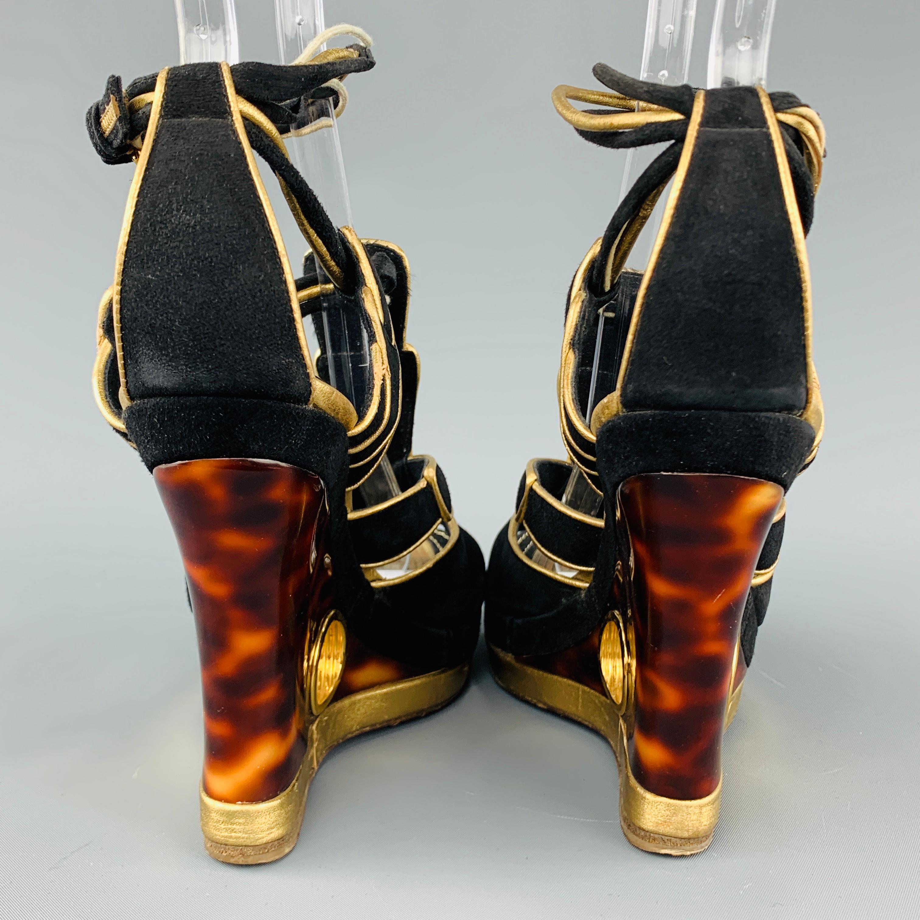 LOUIS VUITTON Size 7 Black & Gold Suede Faux Tort Wedge Platform Sandals 1