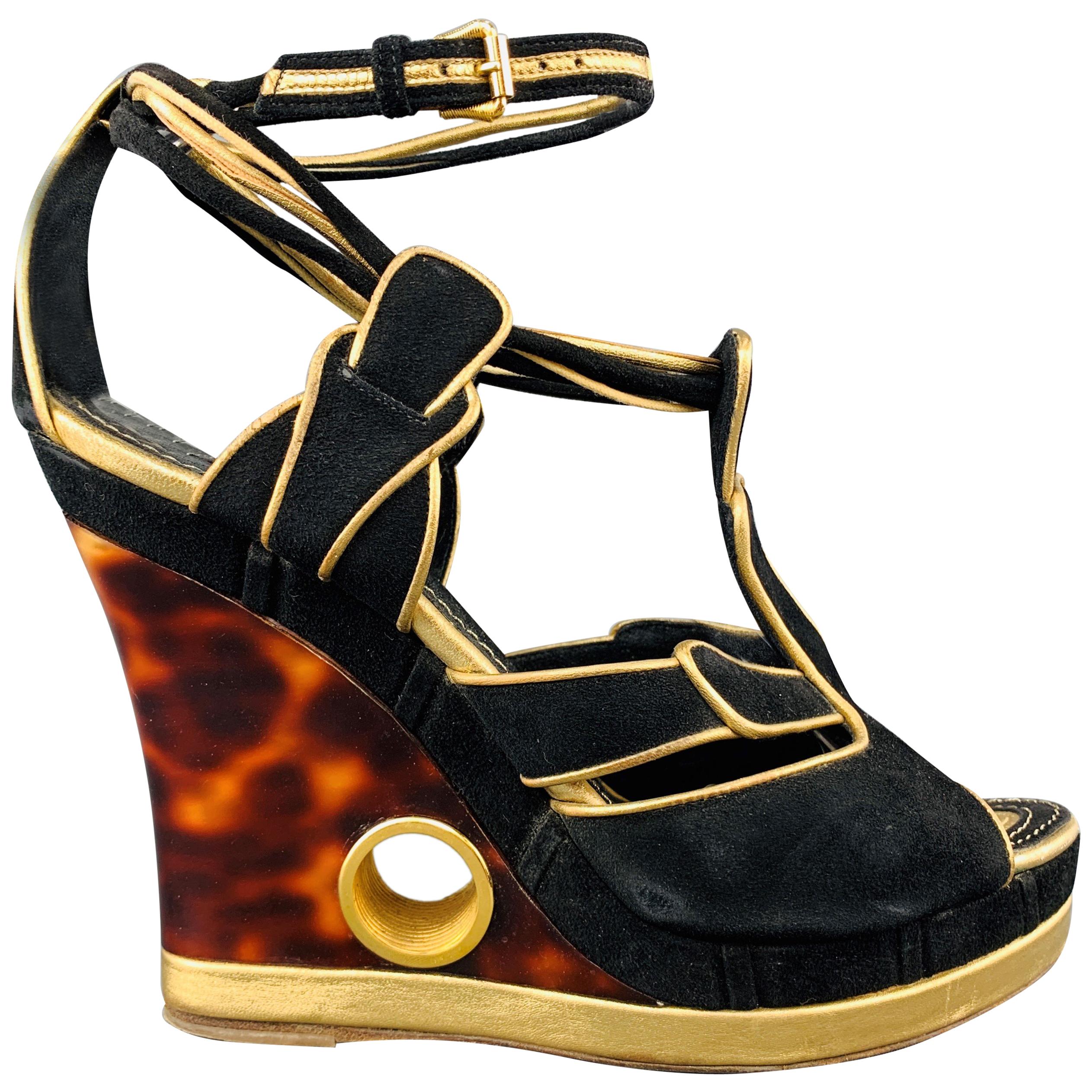 LOUIS VUITTON Size 7 Black & Gold Suede Faux Tort Wedge Platform Sandals