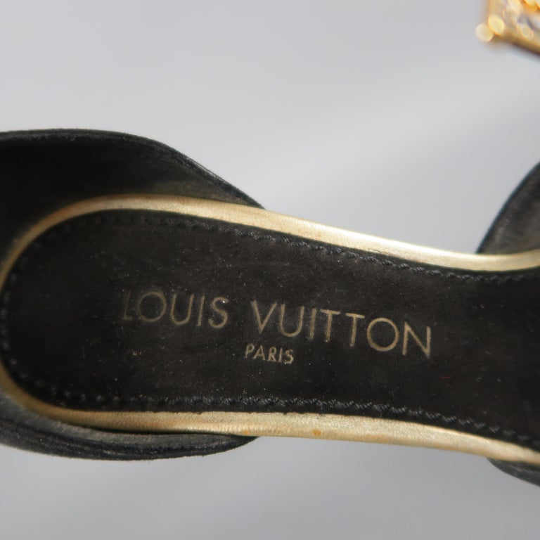 LOUIS VUITTON Size 7 Black Suede Gold Monogram Charm T Strap Pumps