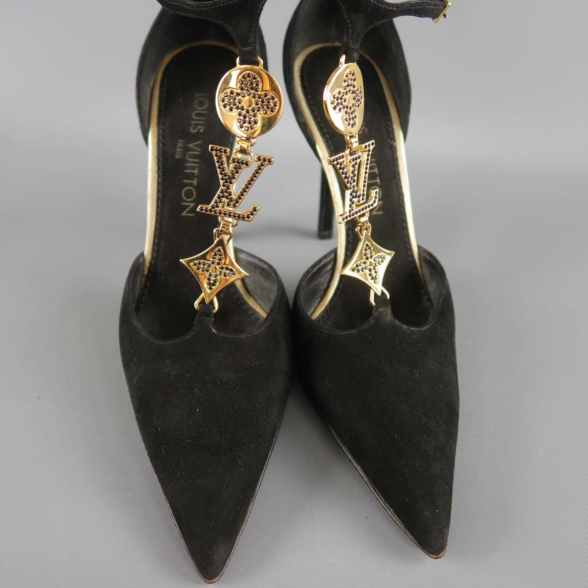 LOUIS VUITTON Size 7 Black Suede Gold Monogram Charm T Strap Pumps In Good Condition In San Francisco, CA
