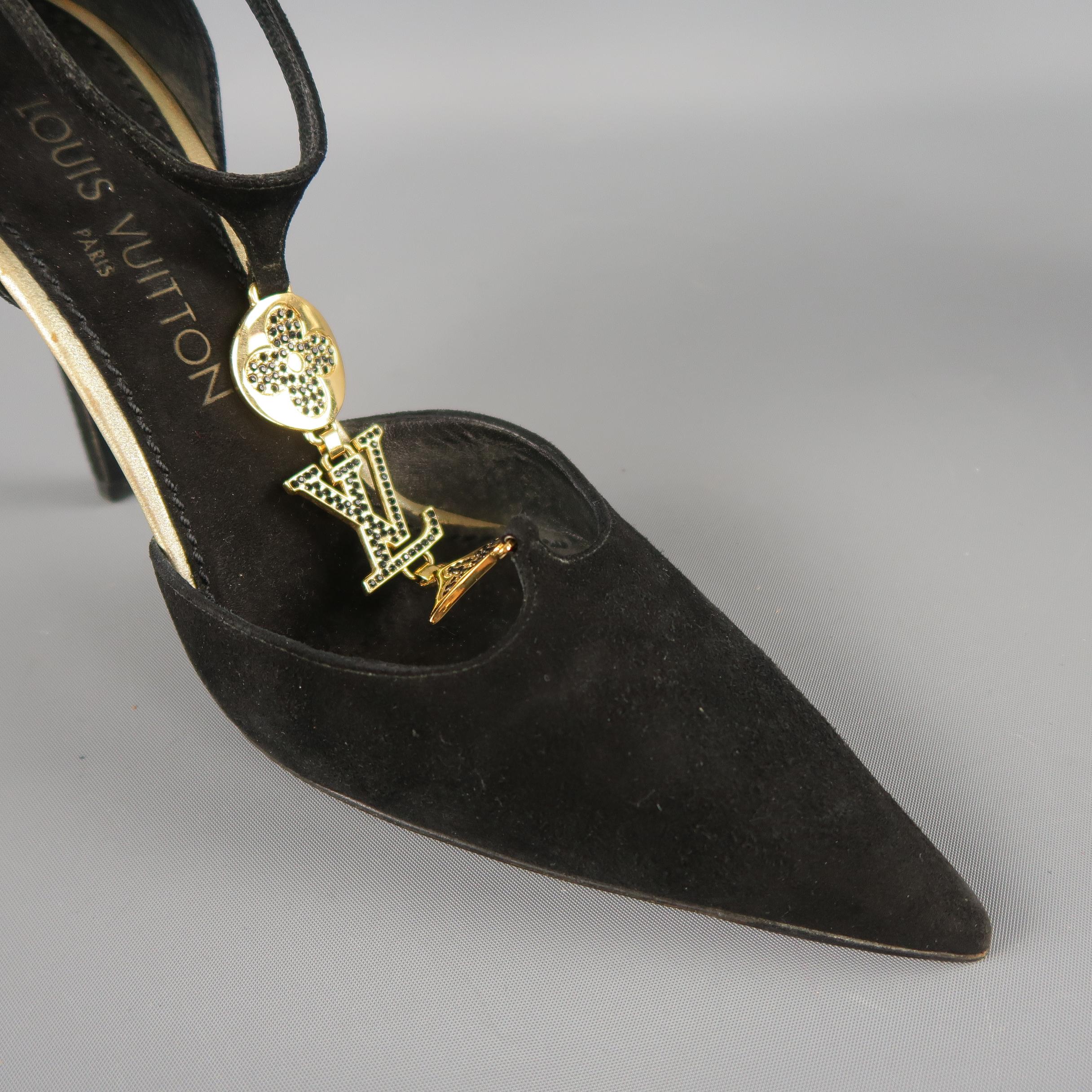 Women's LOUIS VUITTON Size 7 Black Suede Gold Monogram Charm T Strap Pumps