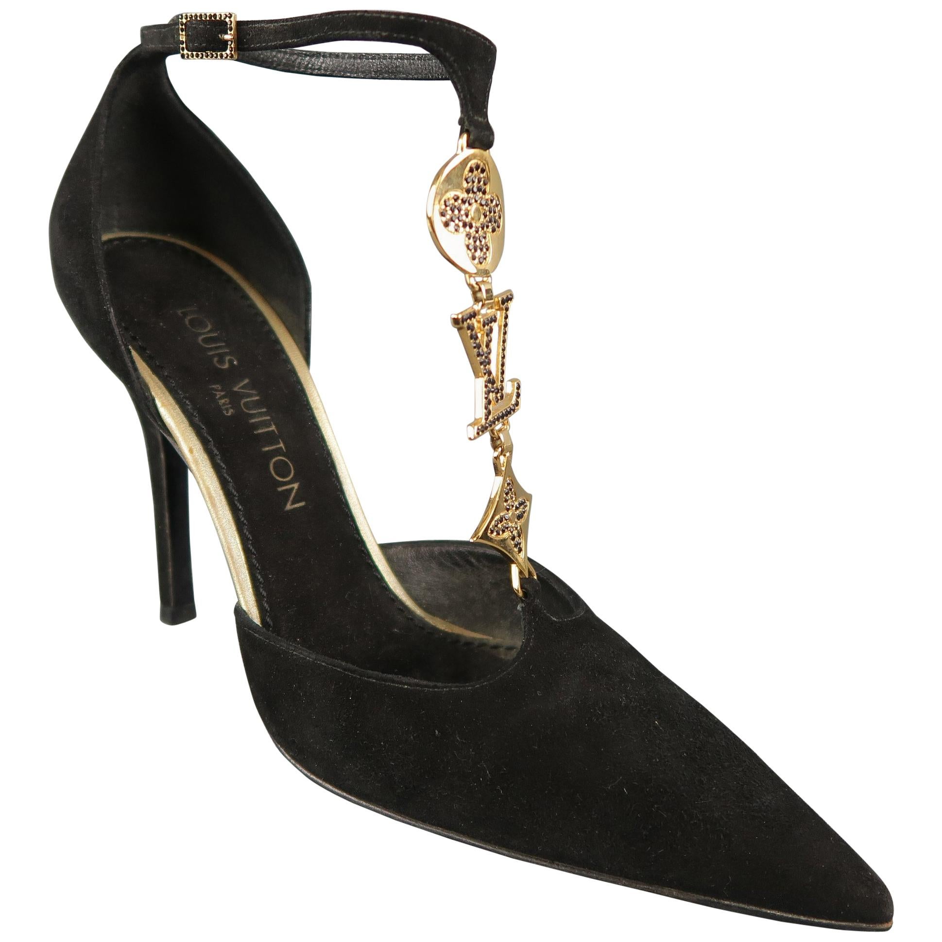 LOUIS VUITTON Size 7 Black Suede Gold Monogram Charm T Strap Pumps at  1stDibs