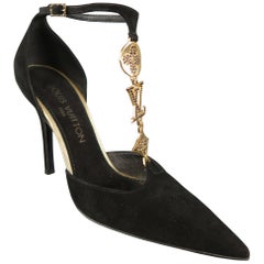 LOUIS VUITTON Size 7 Black Suede Gold Monogram Charm T Strap Pumps