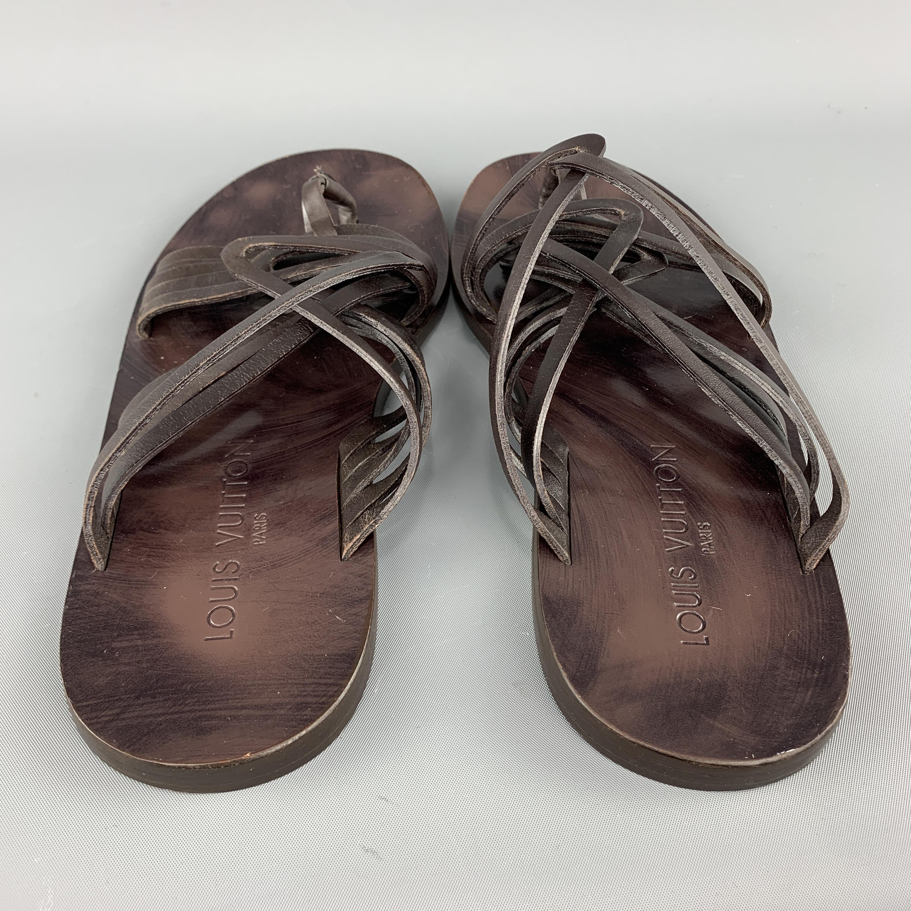 LOUIS VUITTON Size 7 Brown Solid Leather Multi Straps Thong Sandals 1