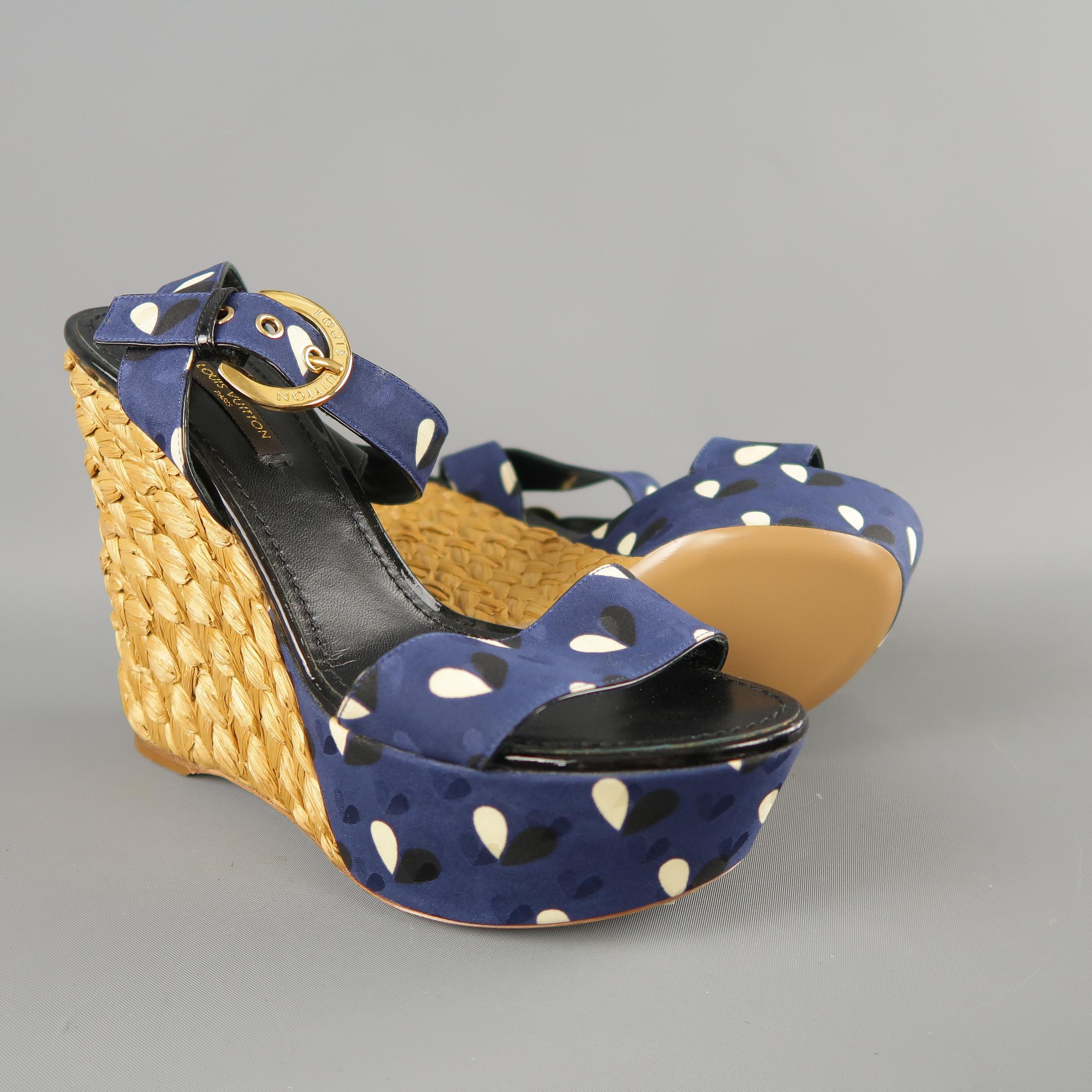 Brown LOUIS VUITTON Size 7 Navy Fabric Braided Espadrille Platform Wedge Sandals