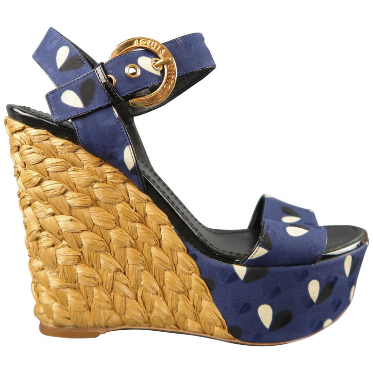 LOUIS VUITTON Size 7 Navy Fabric Braided Espadrille Platform Wedge Sandals For Sale at 1stdibs