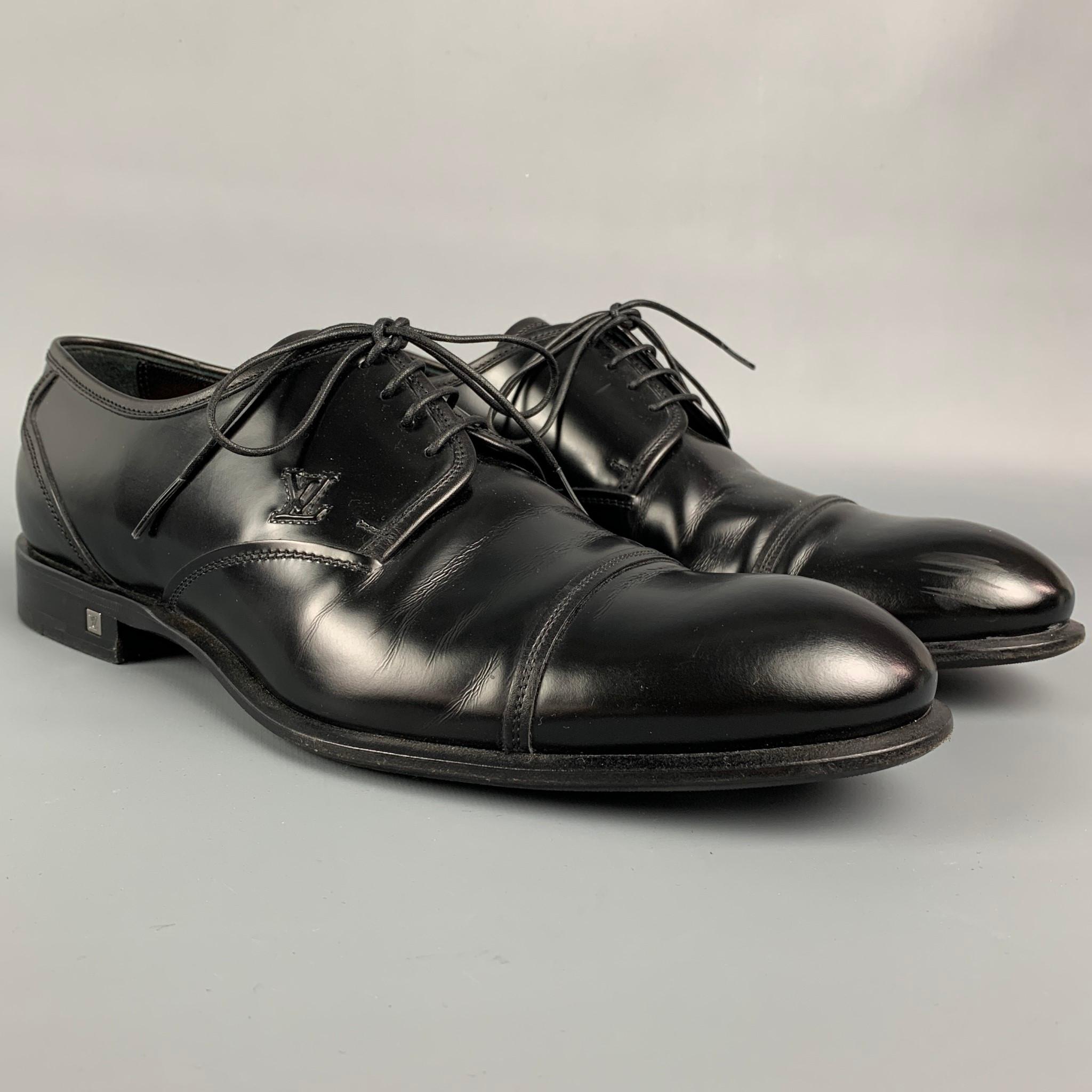 LOUIS VUITTON Size 7.5 Black Patent Leather Cap Toe Lace Up Shoes In Good Condition In San Francisco, CA