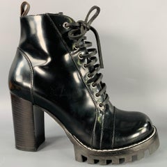 LOUIS VUITTON Size 7.5 Black Patent Leather Tread Sole Lace-Up Boots