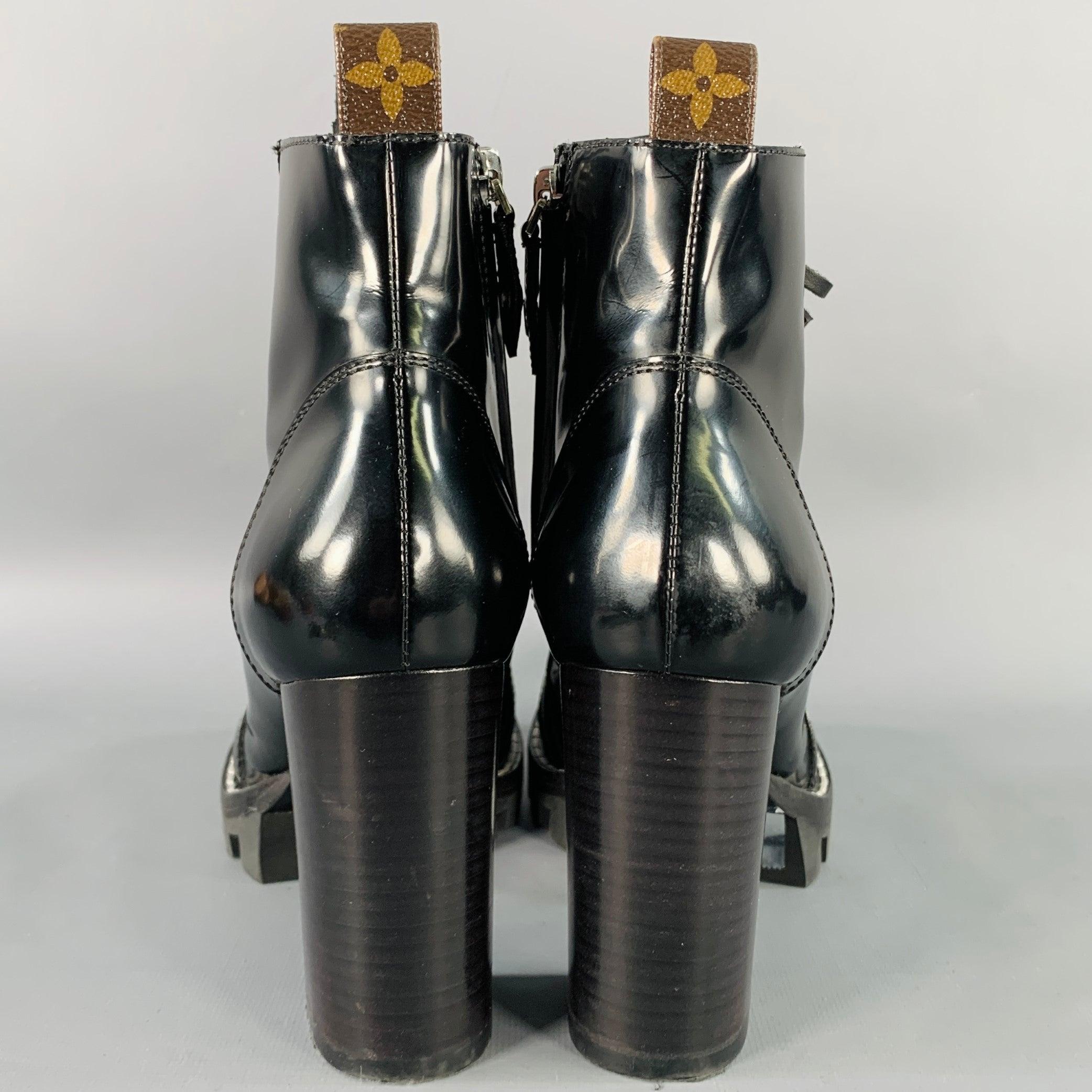 LOUIS VUITTON Size 7.5 Black Patent Leather Tread Sole Lace-Up Boots In Good Condition For Sale In San Francisco, CA