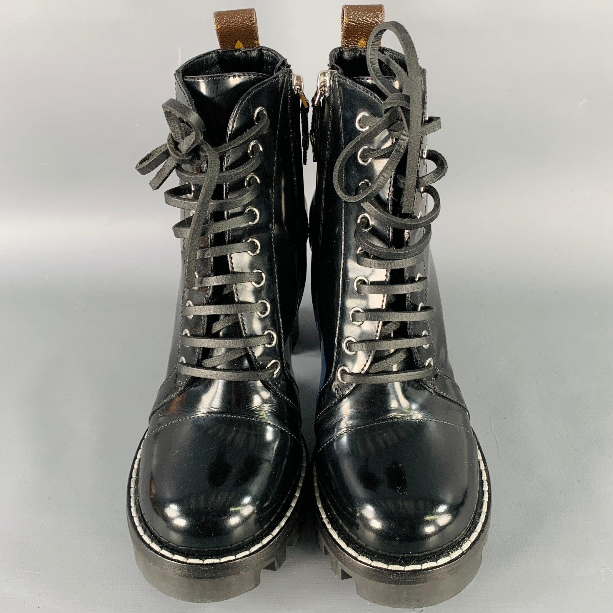 Women's LOUIS VUITTON Size 7.5 Black Patent Leather Tread Sole Lace-Up Boots For Sale