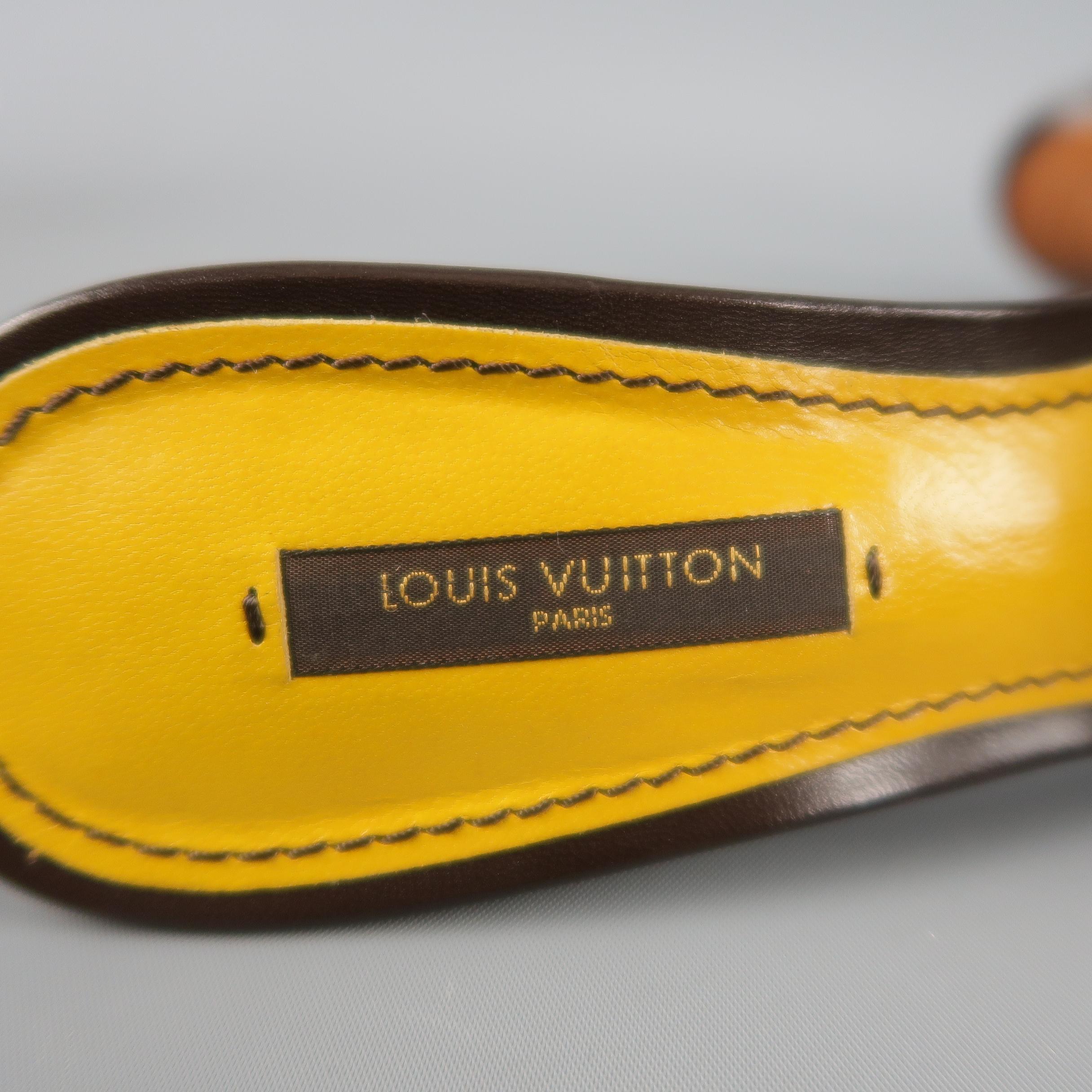 LOUIS VUITTON Size 7.5 Brown Silk Charms Cabas Kitten Heel Mules In Good Condition In San Francisco, CA